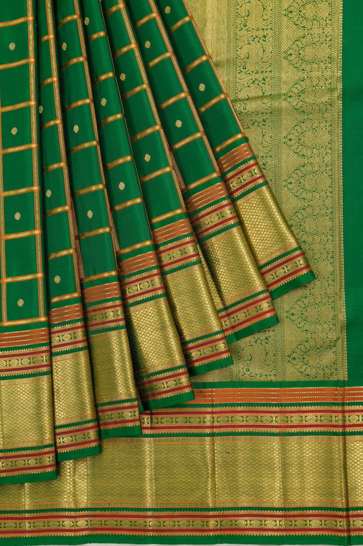 Vinatge Kanchipuram Silk Checks And Butta Green Saree
