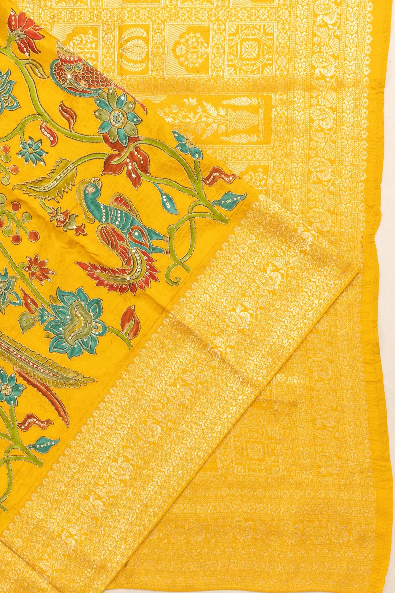Dola Silk Kalamkari Printed Yellow Saree With Aari Sequin Work