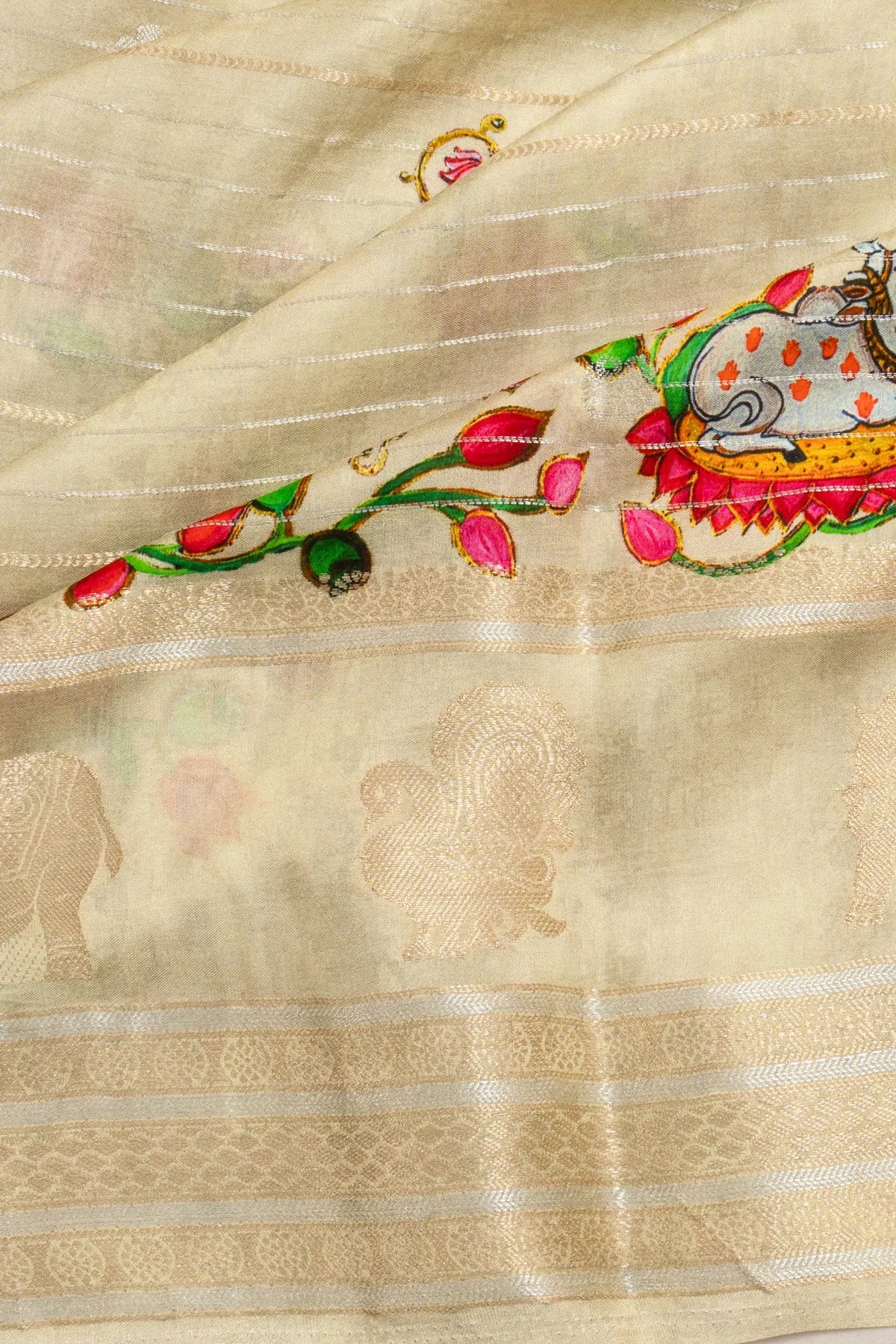 Dola Silk Lines Cream Saree With Pichwai Inspired Motifs