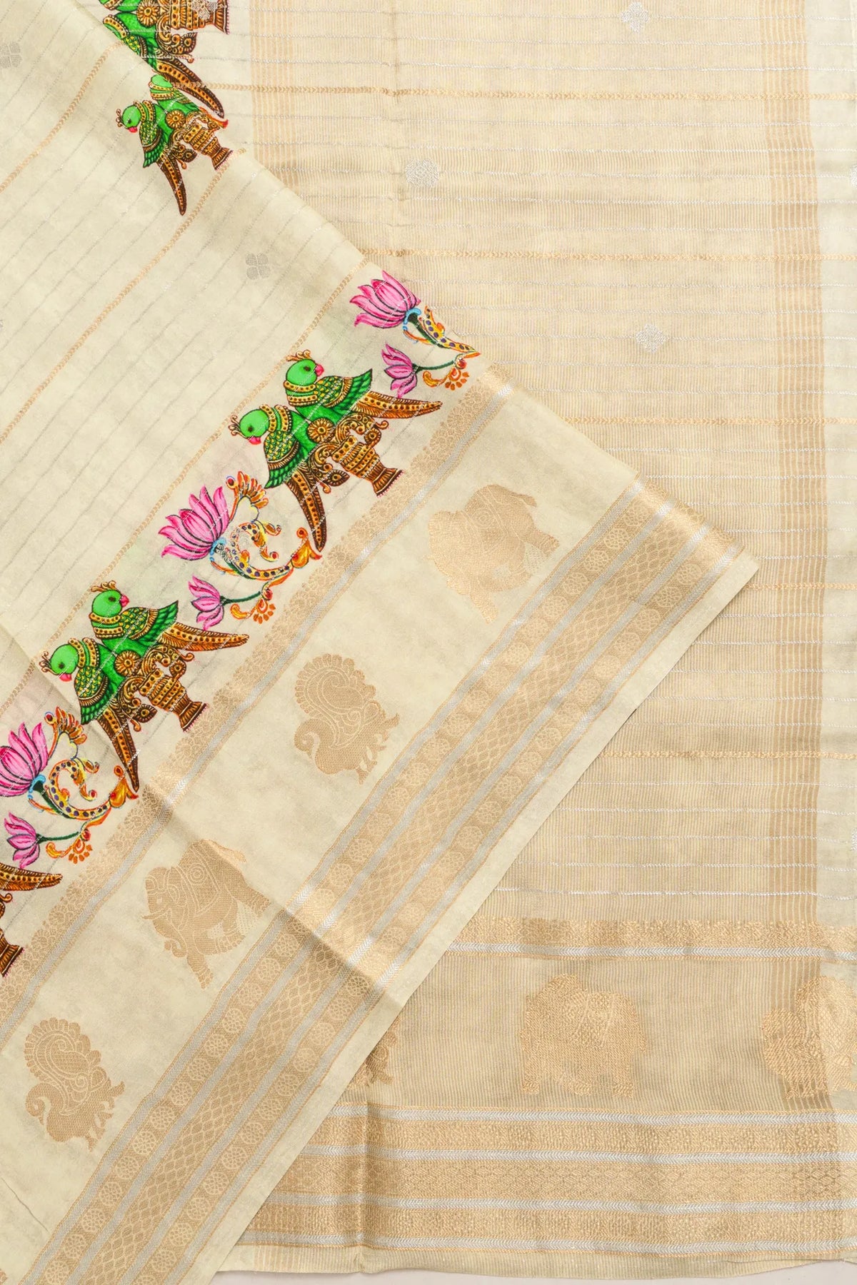 Dola Silk Lines Cream Saree With Pichwai Inspired Motifs