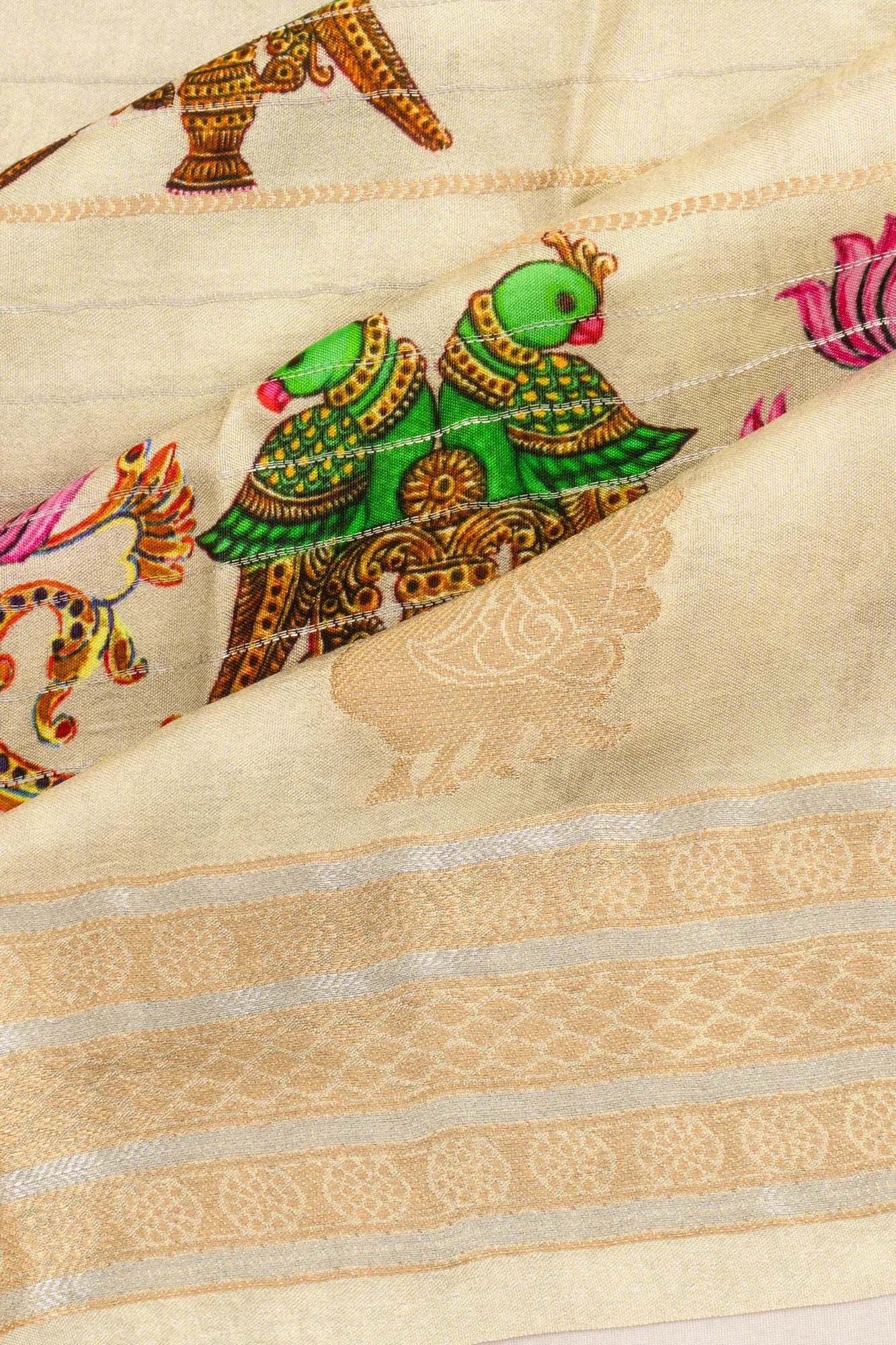 Dola Silk Lines Cream Saree With Pichwai Inspired Motifs