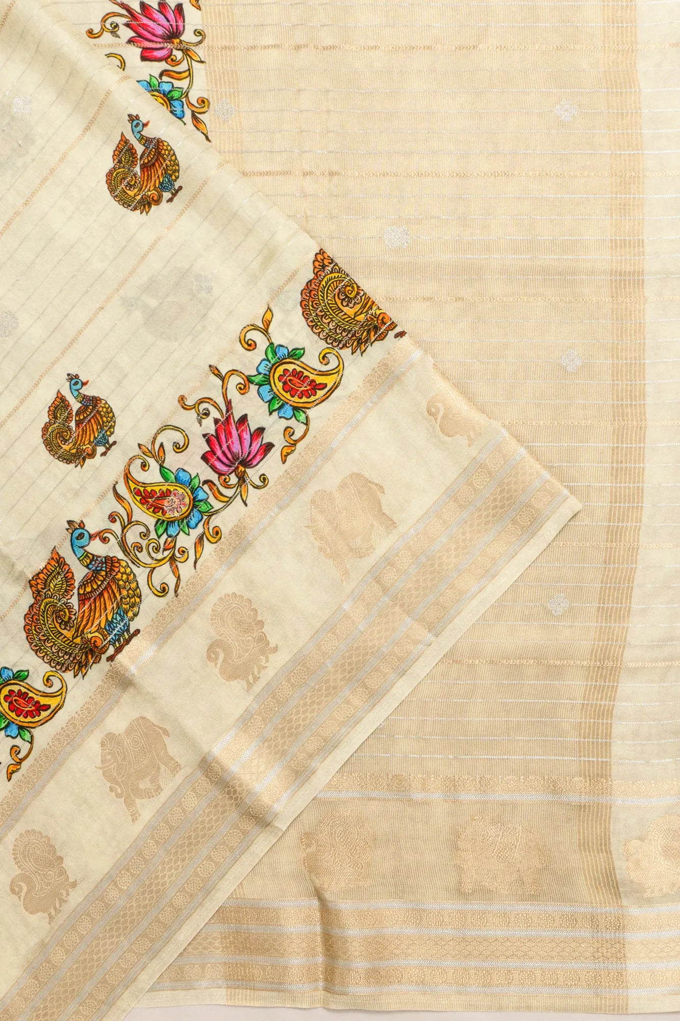 Dola Silk Lines Cream Saree With Pichwai Inspired Motifs