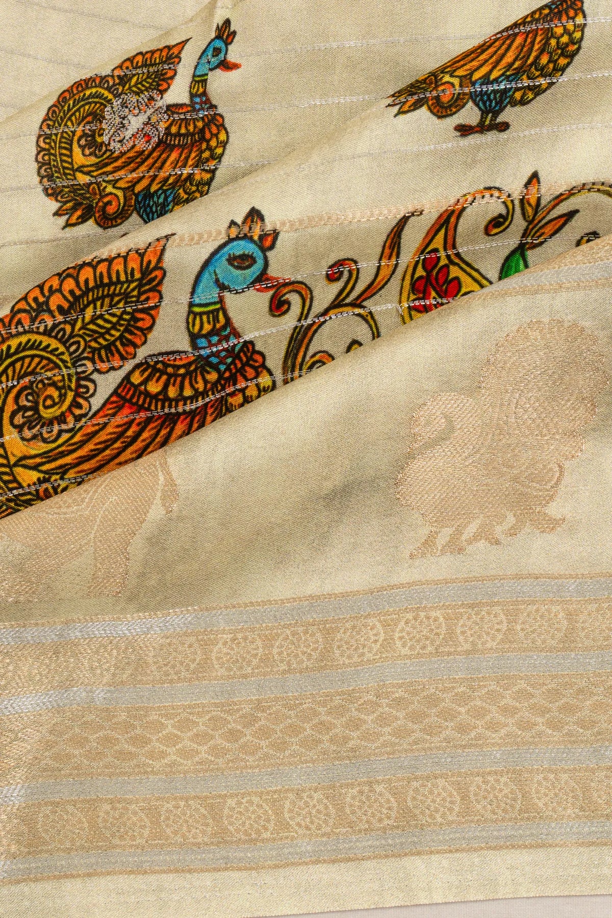 Dola Silk Lines Cream Saree With Pichwai Inspired Motifs