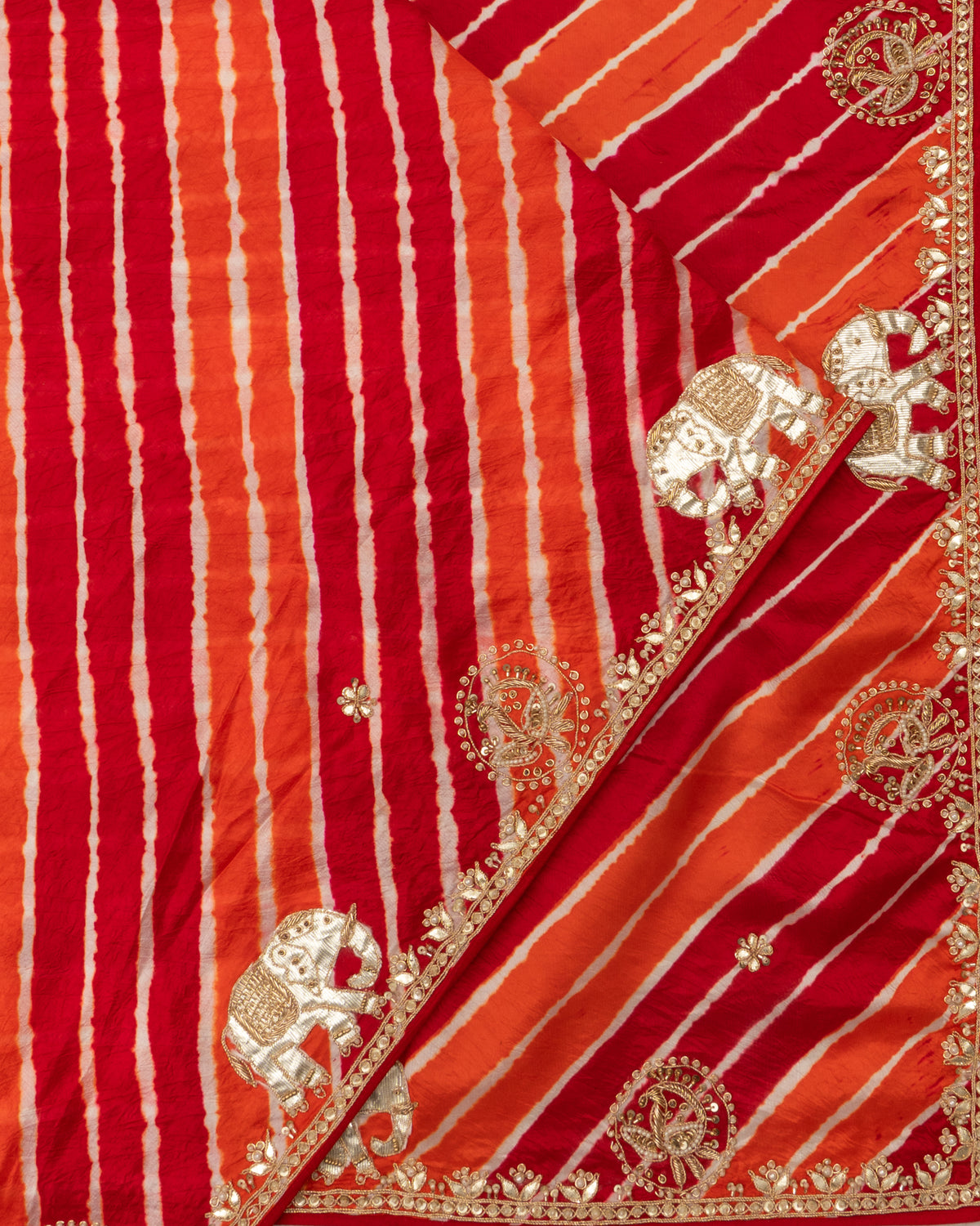 Banarasi Silk Leheriya Butta Red And Orange Saree With Gota Patti Border