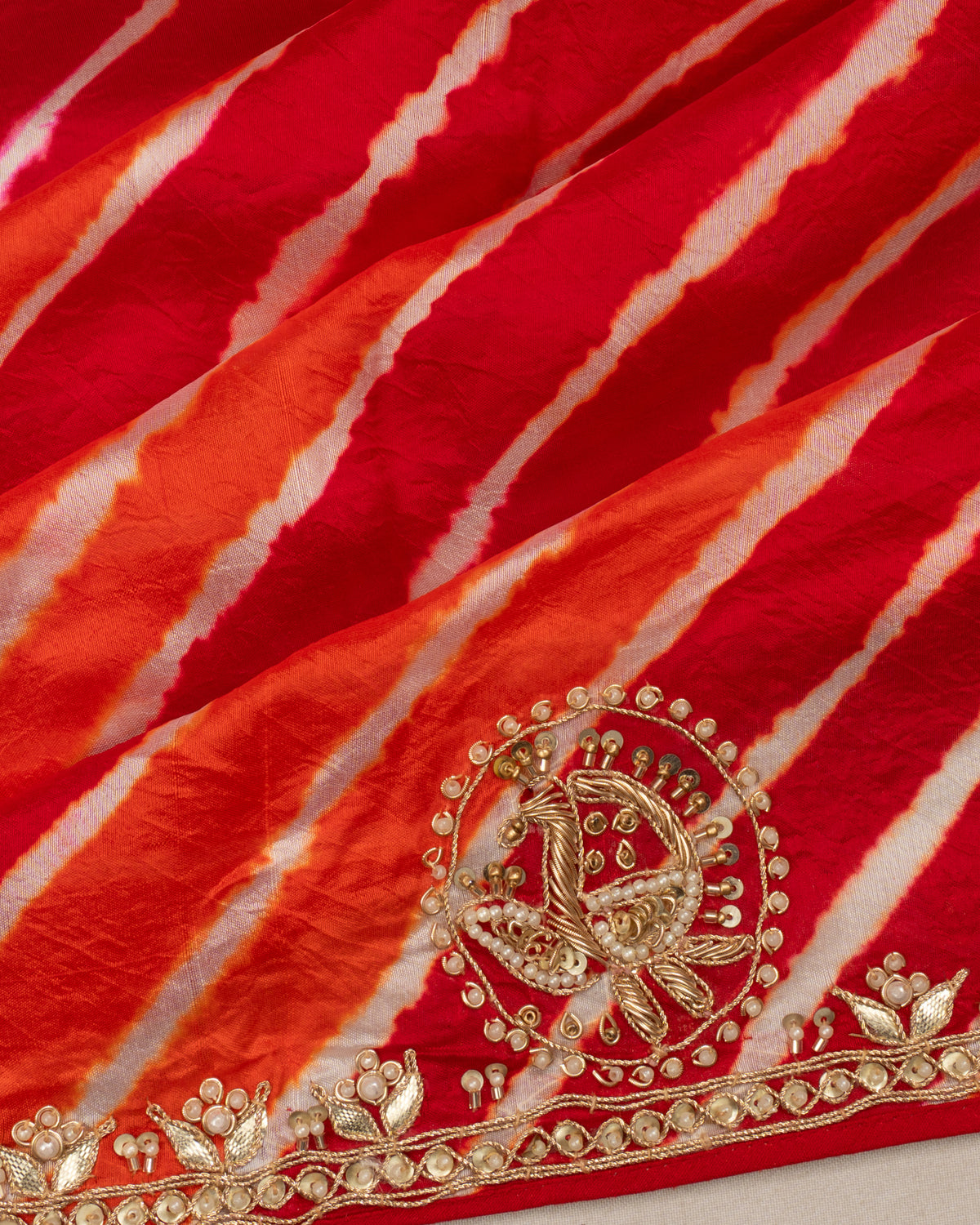 Banarasi Silk Leheriya Butta Red And Orange Saree With Gota Patti Border