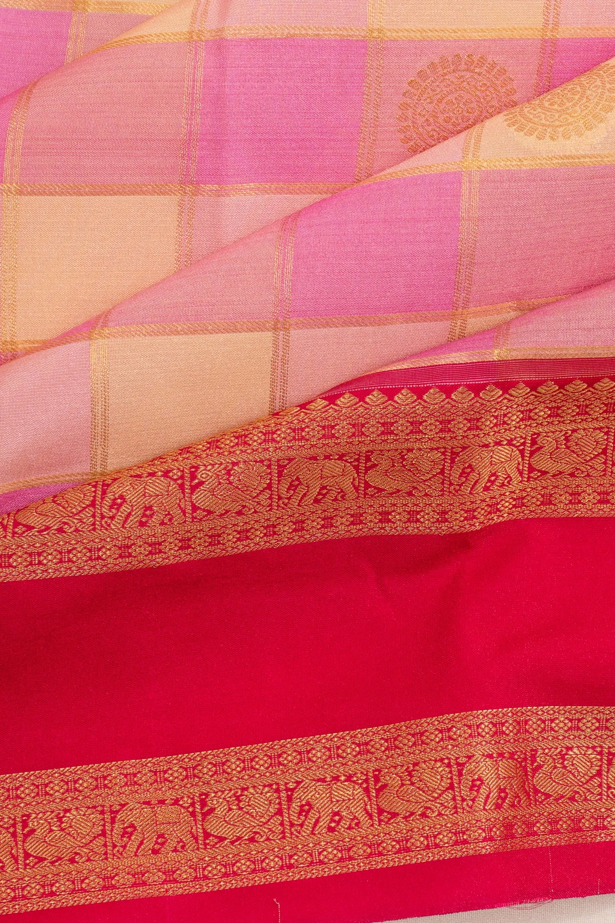 Dharmavaram Art Silk Checks And Butta Pink Saree WIth Rettai Pettu Border