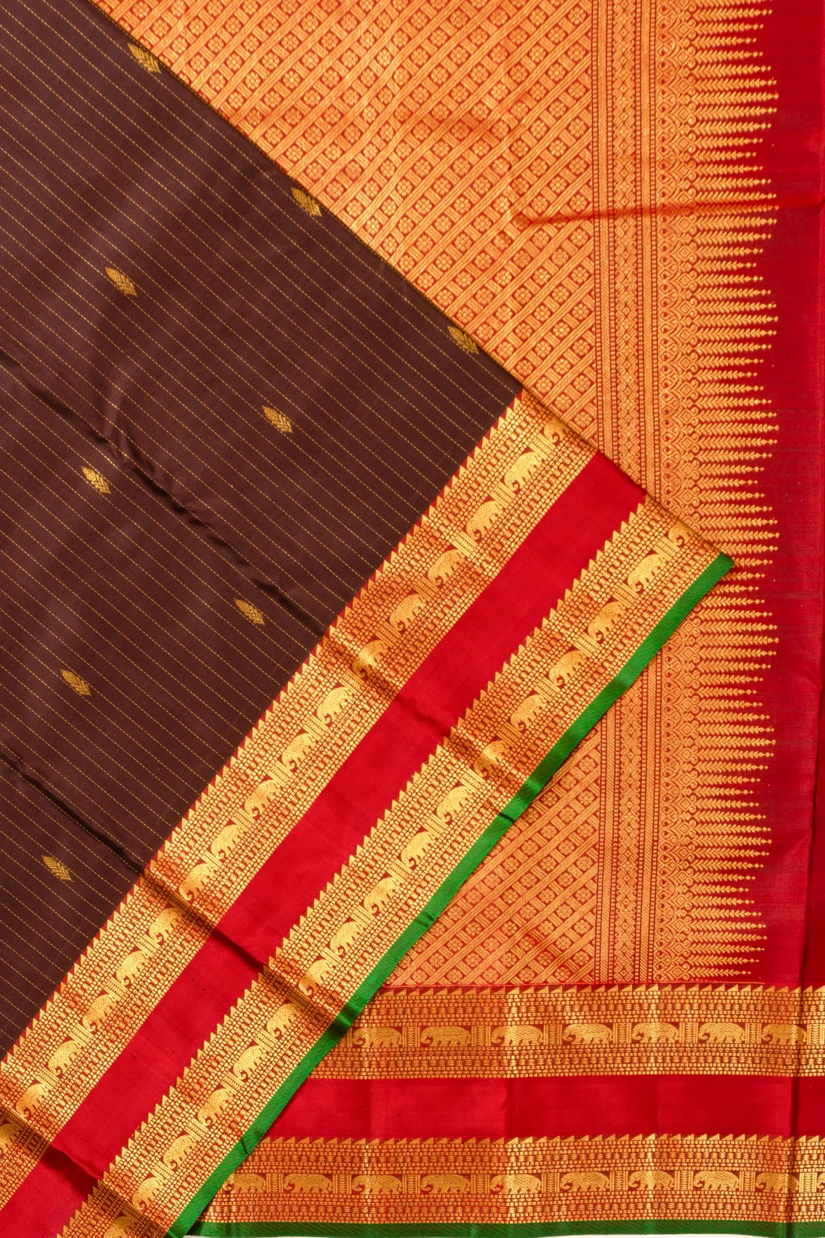 Taranga Kanchi Silk Lines And Butta Dark Brown Saree With Rettai Pettu Border