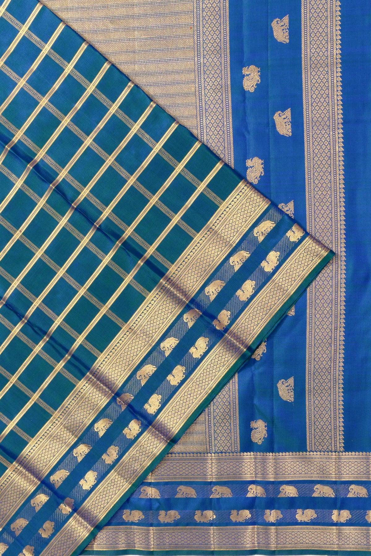 Taranga Kanchi Silk Checks Dual Tone Blue And Green Saree