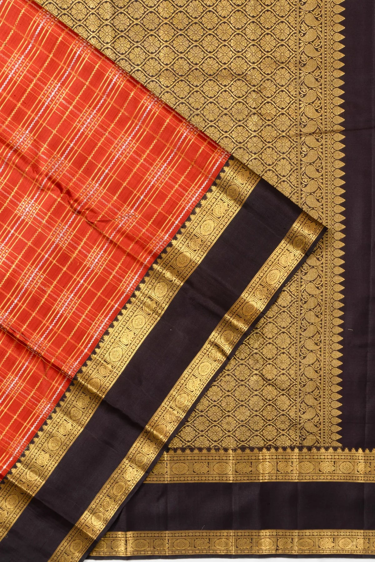 Taranga Kanchi Silk Checks Rust Orange Saree With Rettai Pettu Border