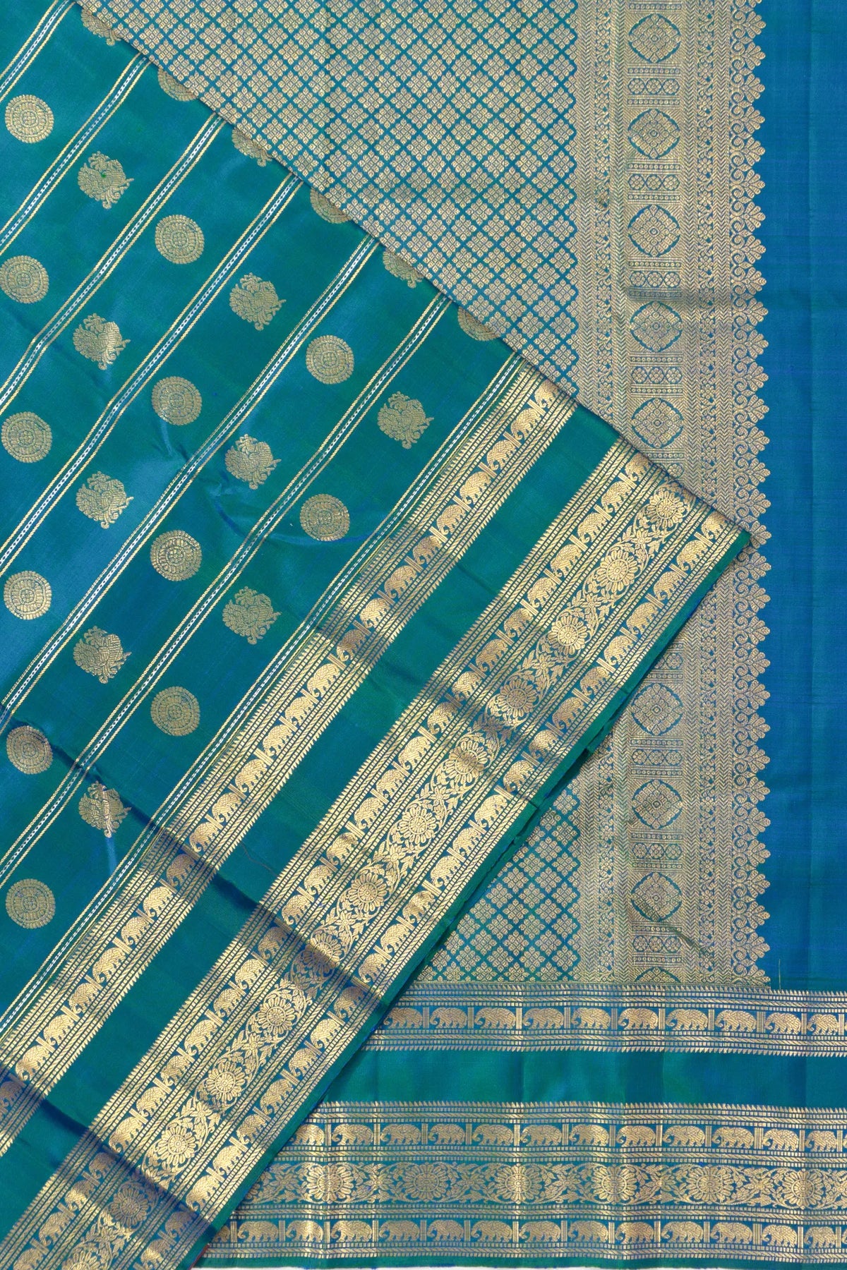 Taranga Kanchi Silk Lines And Butta Dual Tone Blue And Green Saree