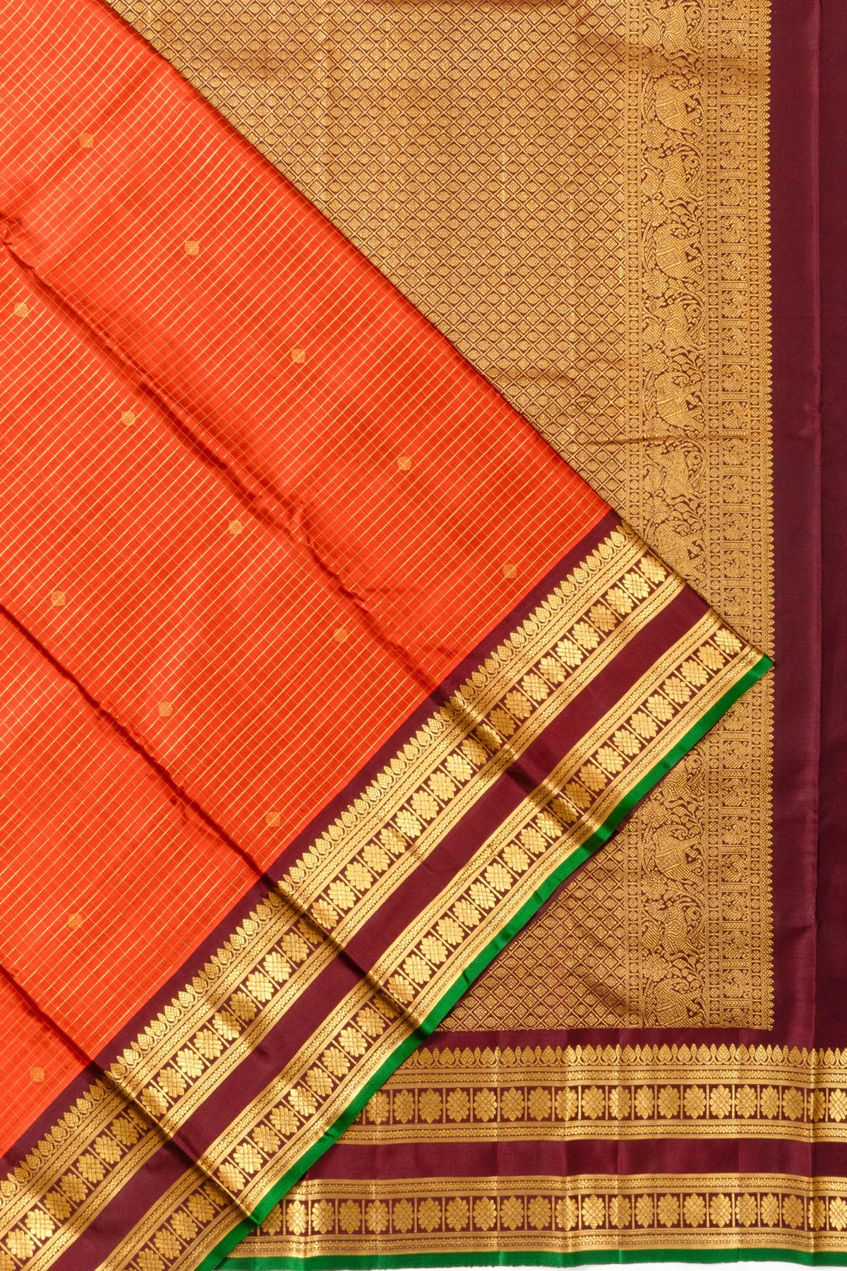 Taranga Kanchi Silk Checks And Butta Orange Saree With Rettai Pettu Border
