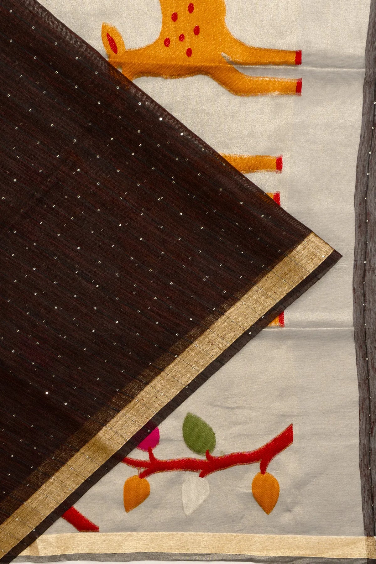 Art Jute Silk Sequin Lines Brown Saree