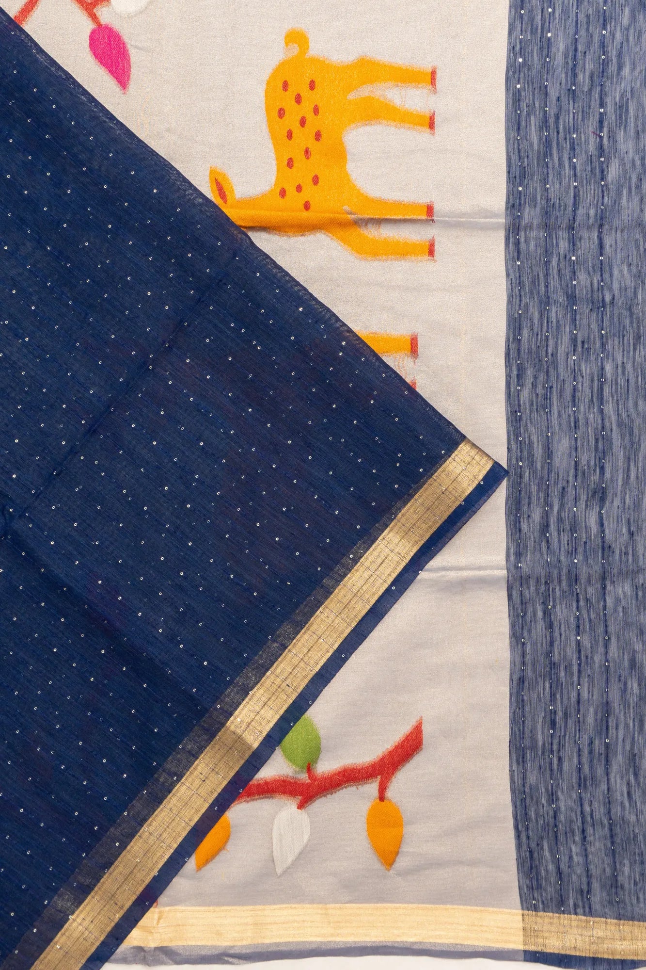 Art Jute Silk Sequin Lines Dark Blue Saree
