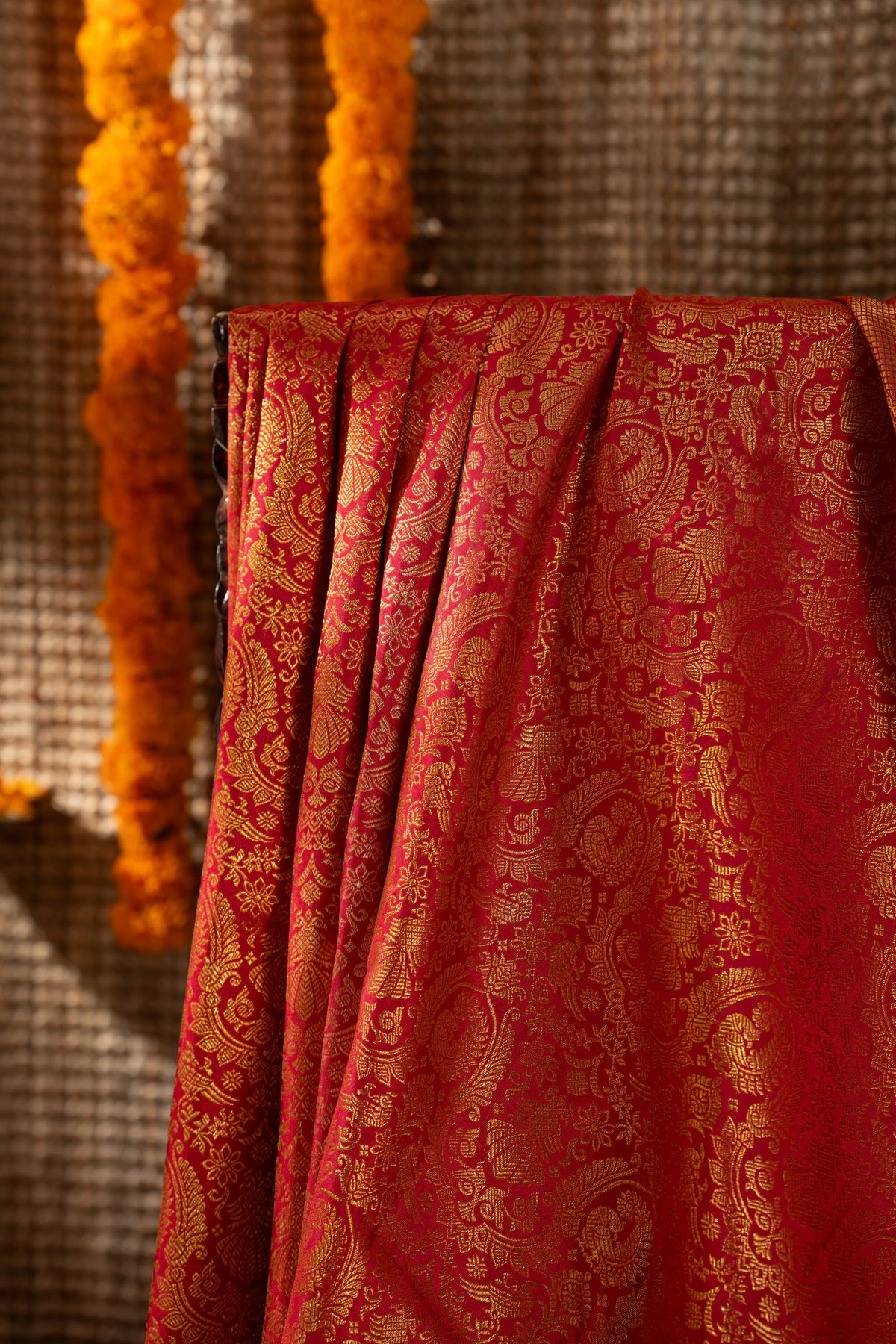 Kanchipuram Silk Jaal And Butta Red Saree