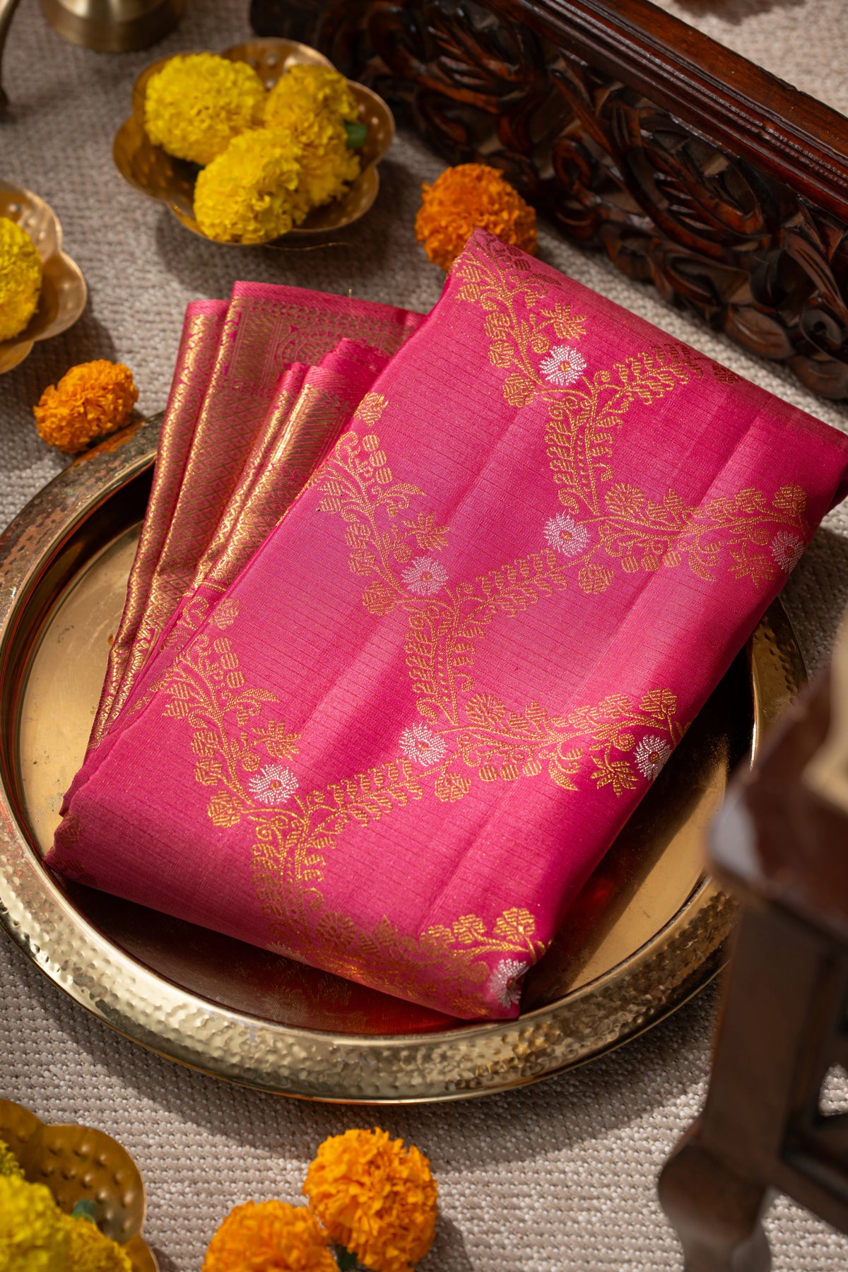 Kanchipuram Silk Jaal Rani Pink Saree