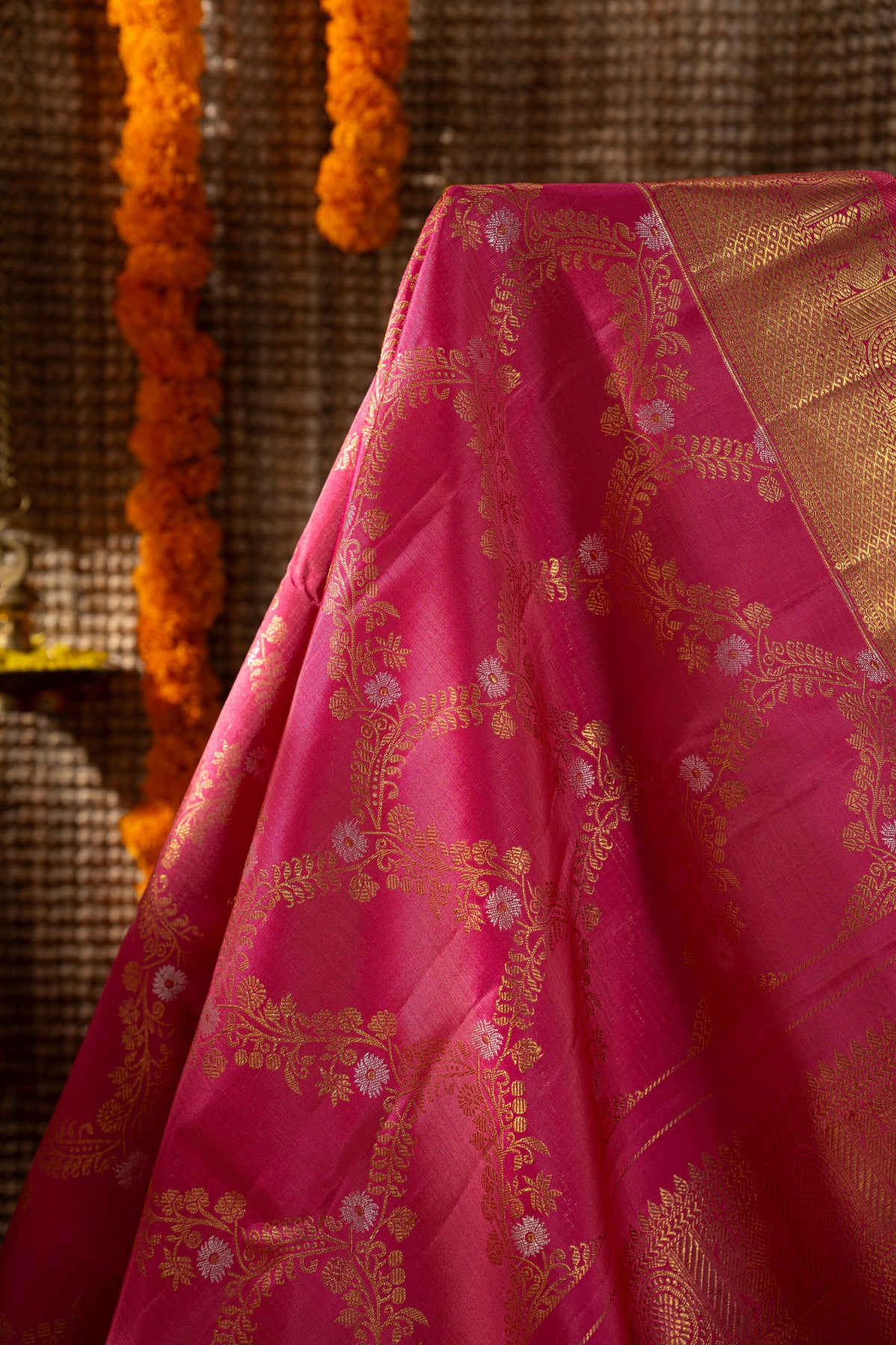 Kanchipuram Silk Jaal Rani Pink Saree
