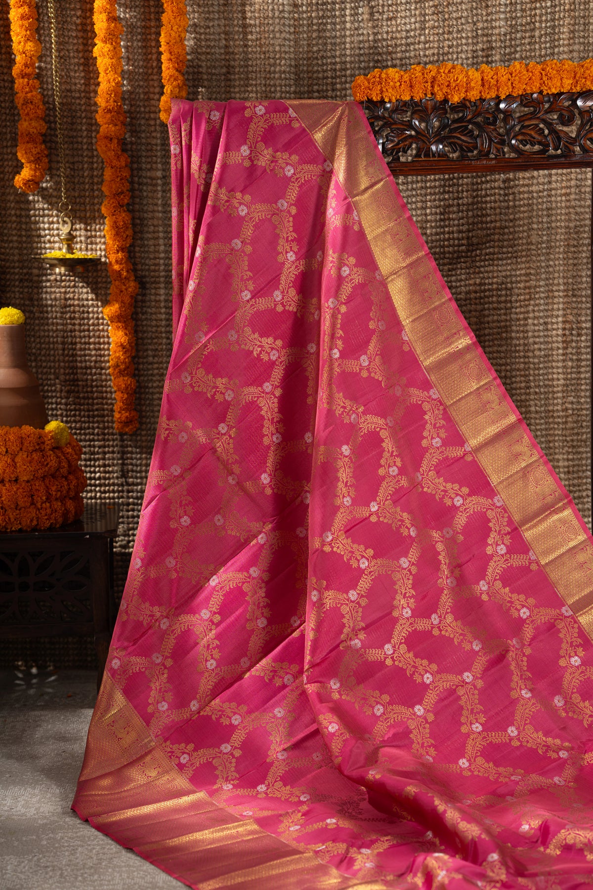 Kanchipuram Silk Jaal Rani Pink Saree