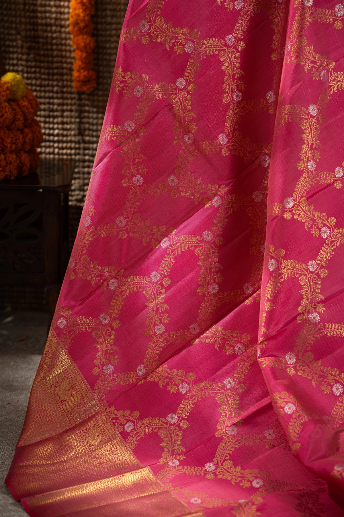 Kanchipuram Silk Jaal Rani Pink Saree
