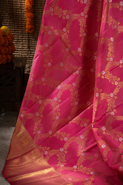 Kanchipuram Silk Jaal Rani Pink Saree