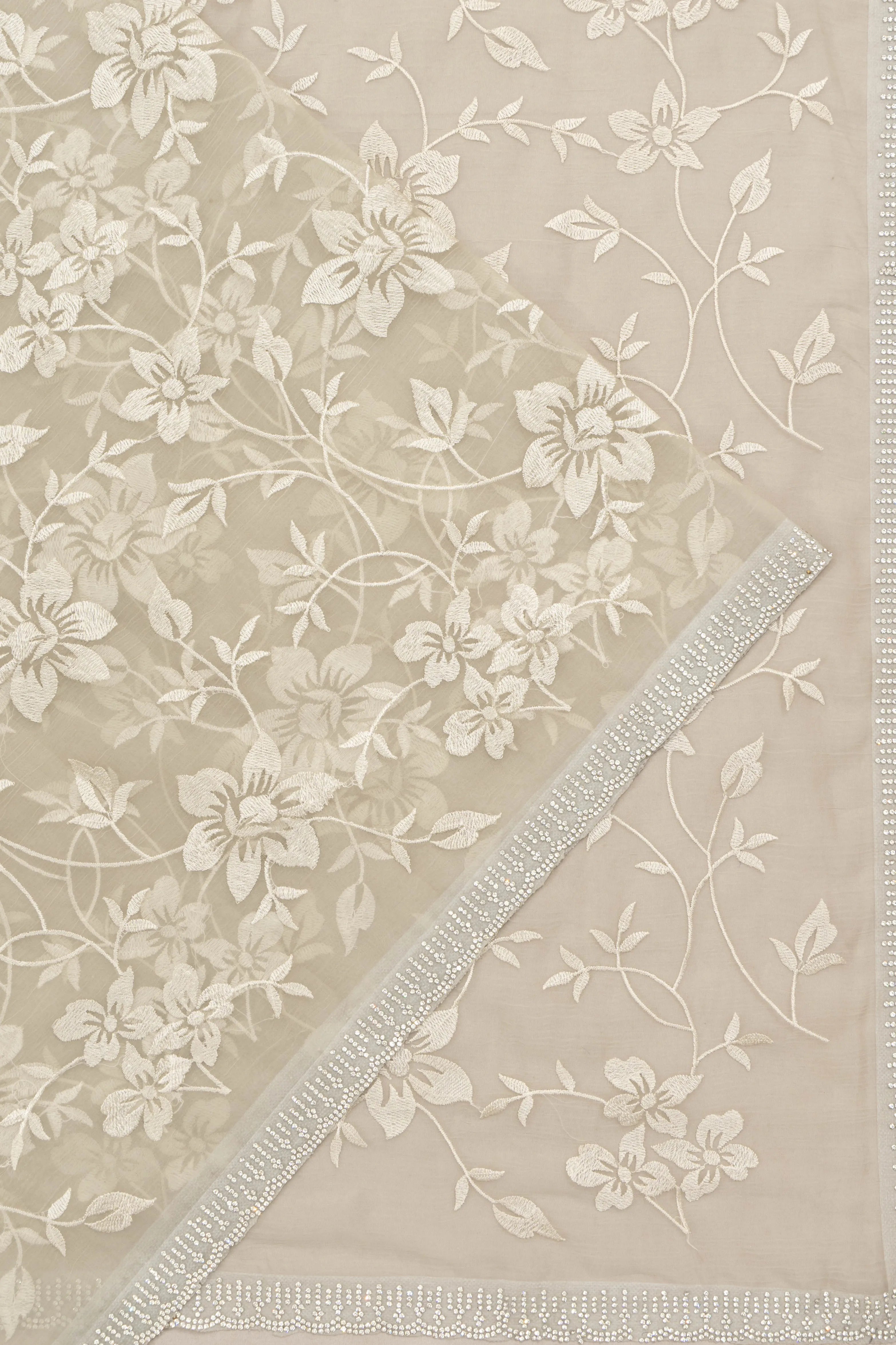 Satin Organza Floral Embroidery Off White Saree With Crystal Work