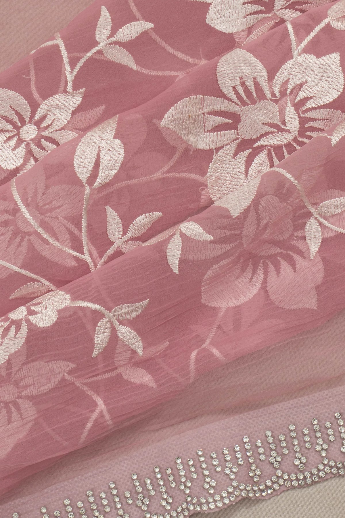 Satin Organza Floral Embroidery Pink Saree With Crystal Work