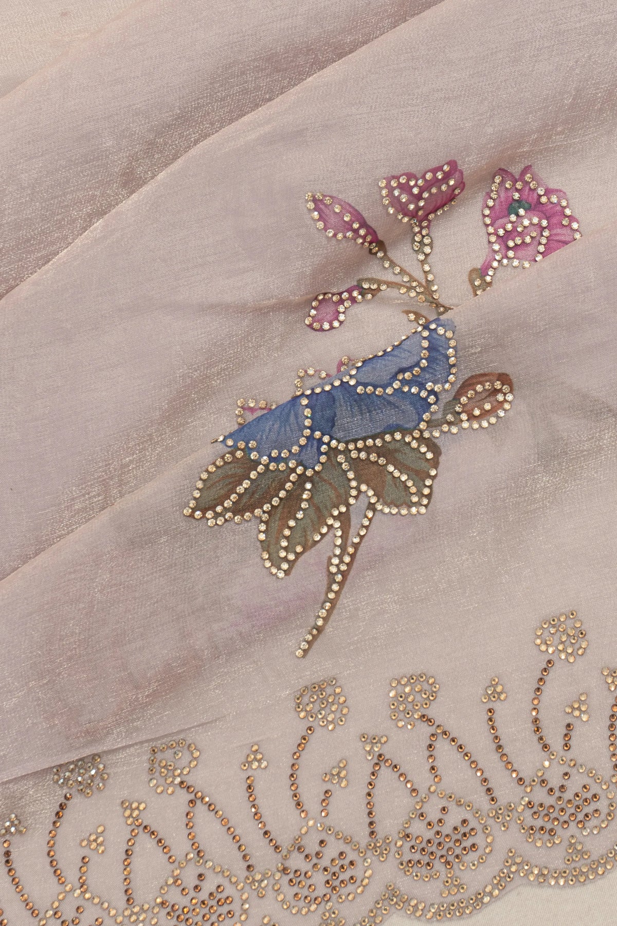 Satin Tissue Floral Printed Lavender Saree With Crystal Embroidery