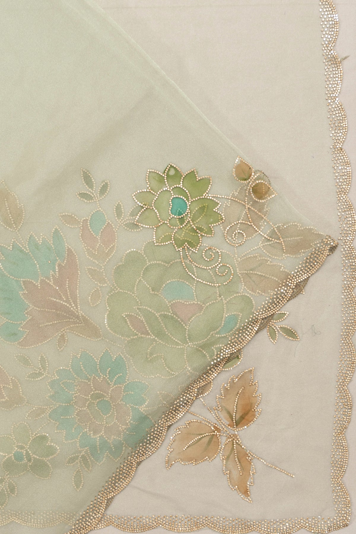 Organza Tissue Floral Printed Sea Green Saree With Crystal Embroidery