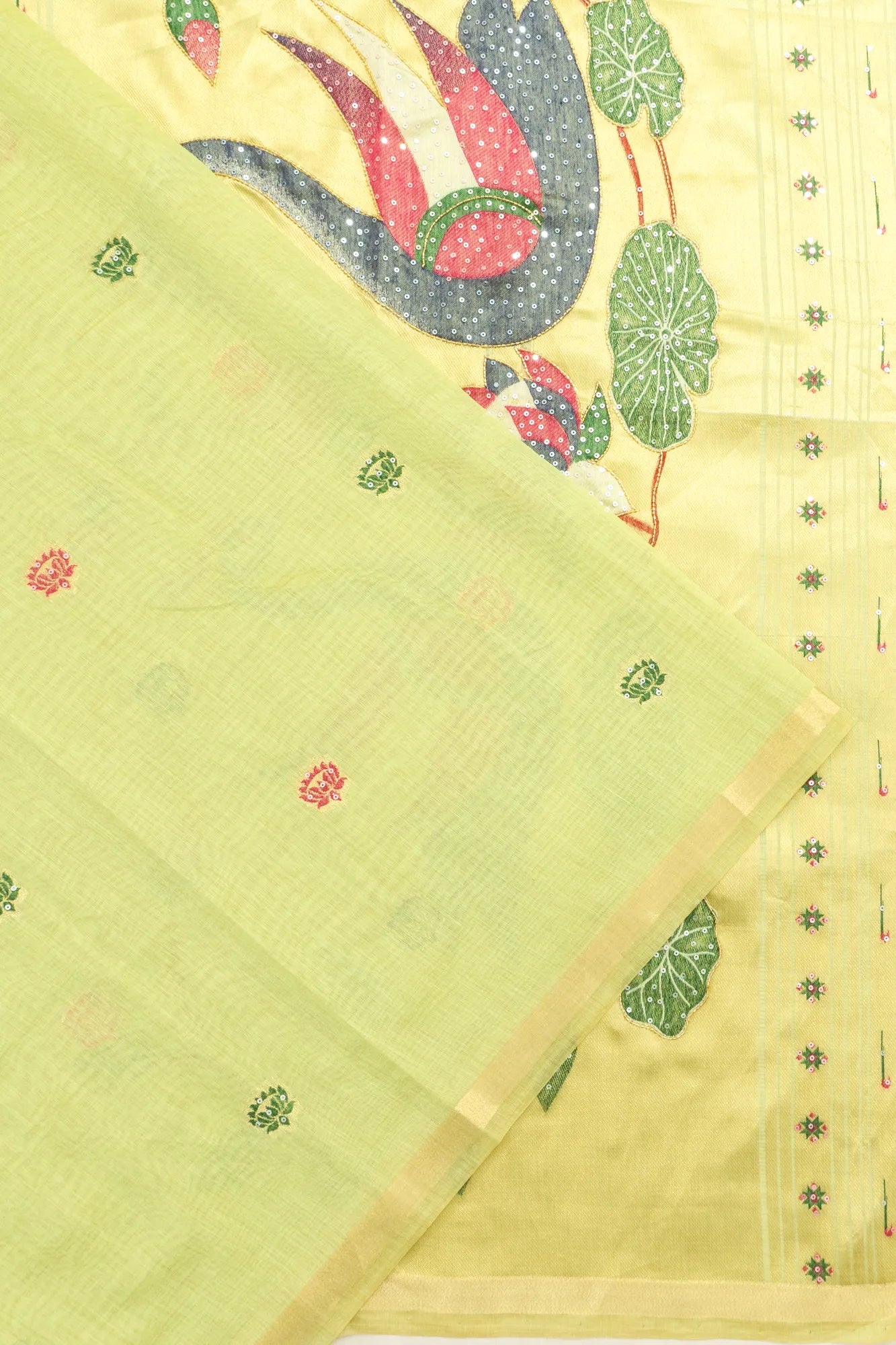 Chanderi Cotton Silk Embroidery Butta Pista Green Saree