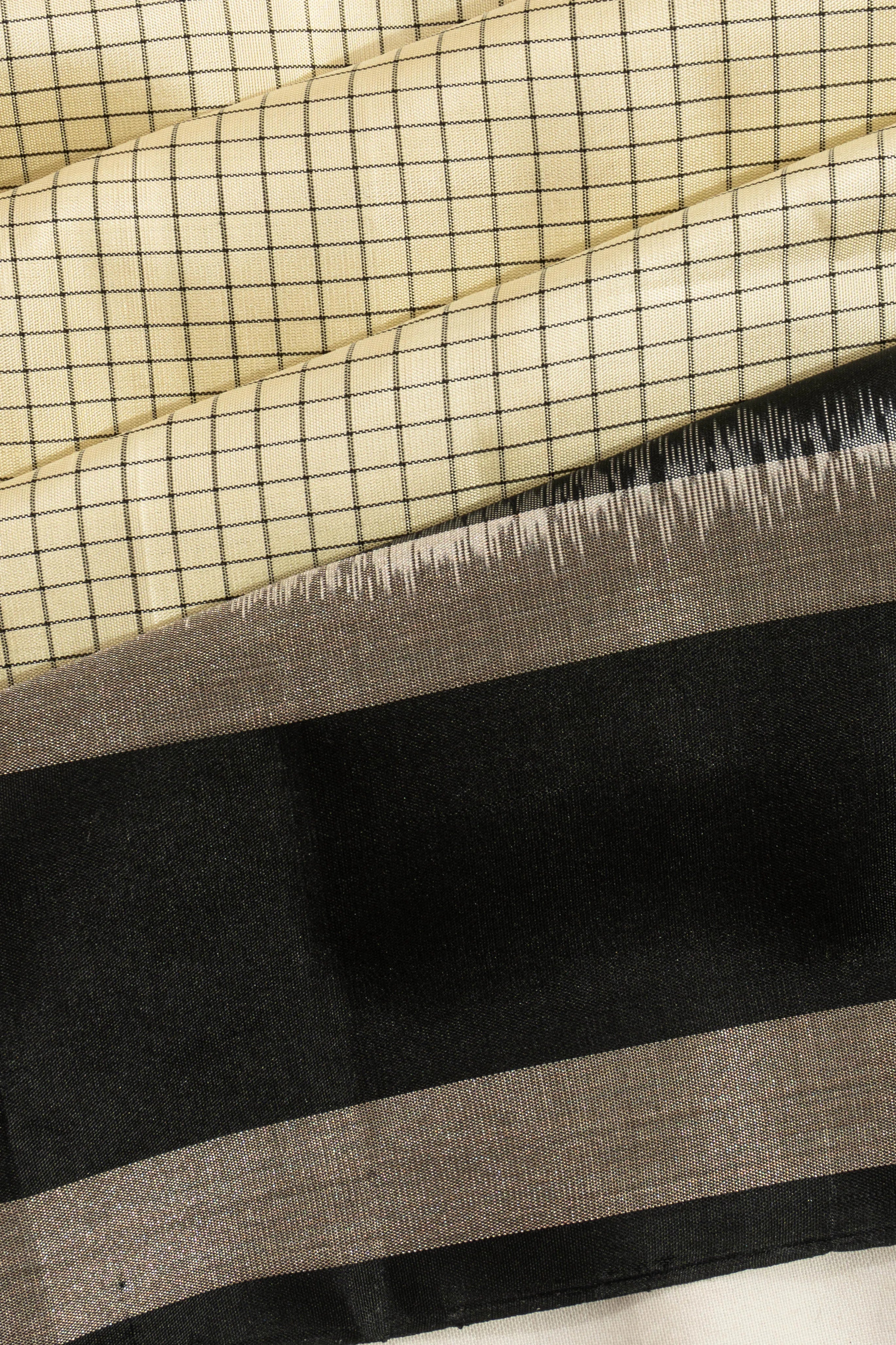 Coimbatore Soft Silk Checks Cream Saree With Ikat Inspired