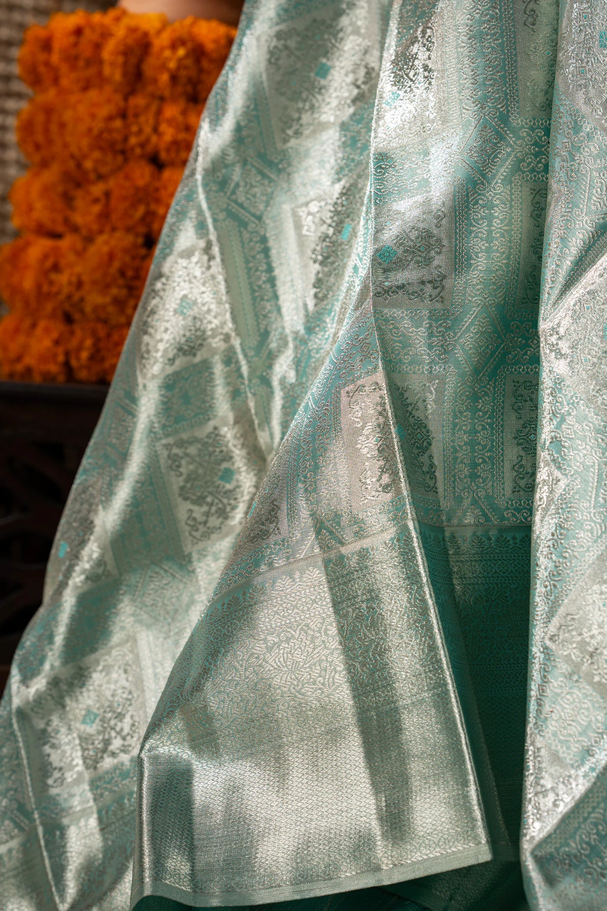 Kanchipuram Silk Tissue Brocade Sea Blue Saree