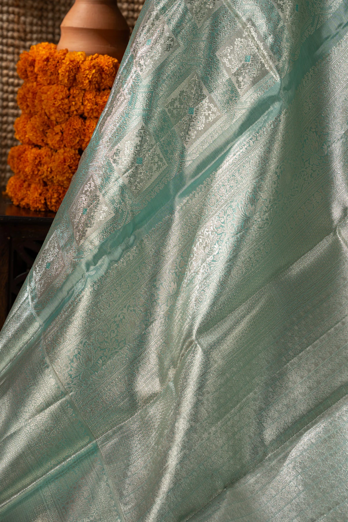 Kanchipuram Silk Tissue Brocade Sea Blue Saree