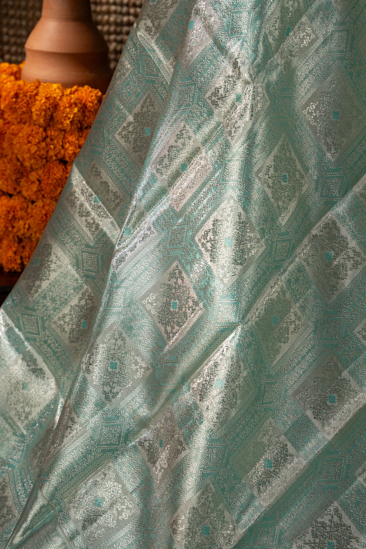 Kanchipuram Silk Tissue Brocade Sea Blue Saree