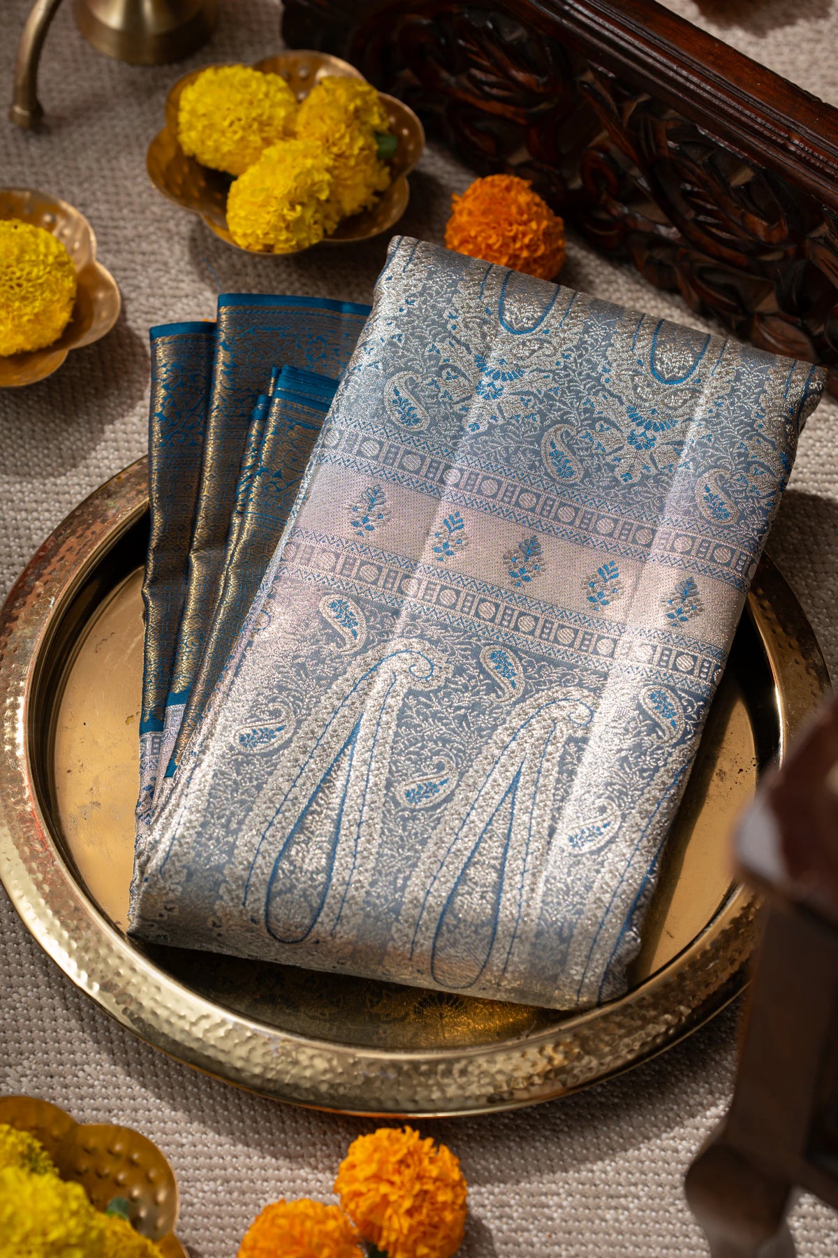 Kanchipuram Silk Tissue Brocade Blue Saree