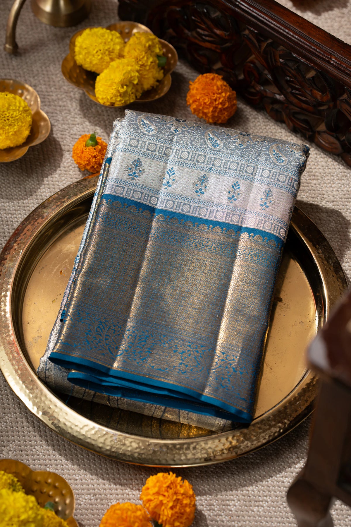 Kanchipuram Silk Tissue Brocade Blue Saree