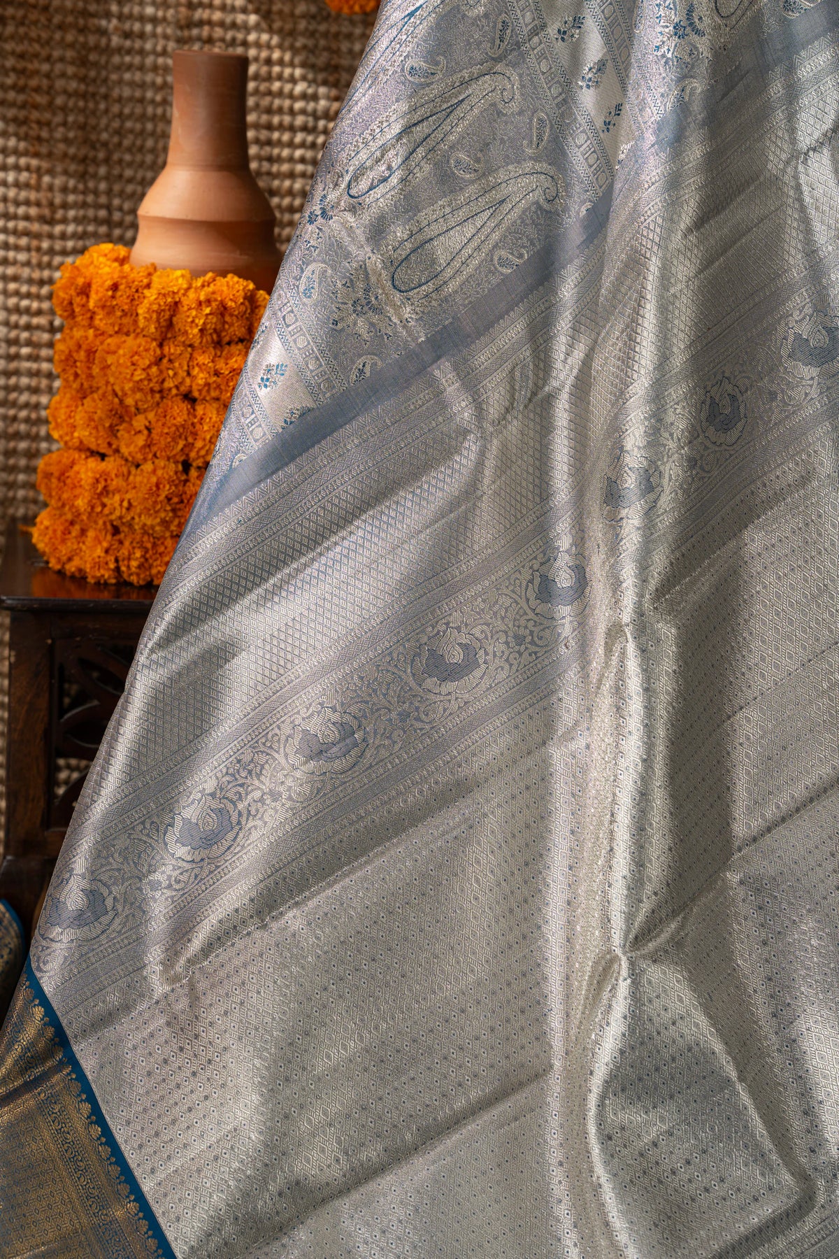 Kanchipuram Silk Tissue Brocade Blue Saree