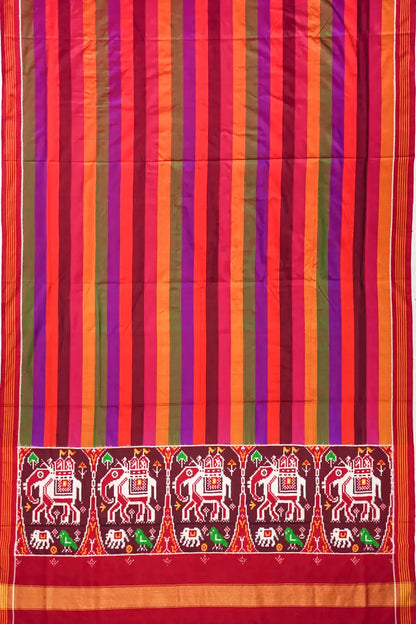 Patan Patola Silk Double Ikat Lines Multicolour Saree