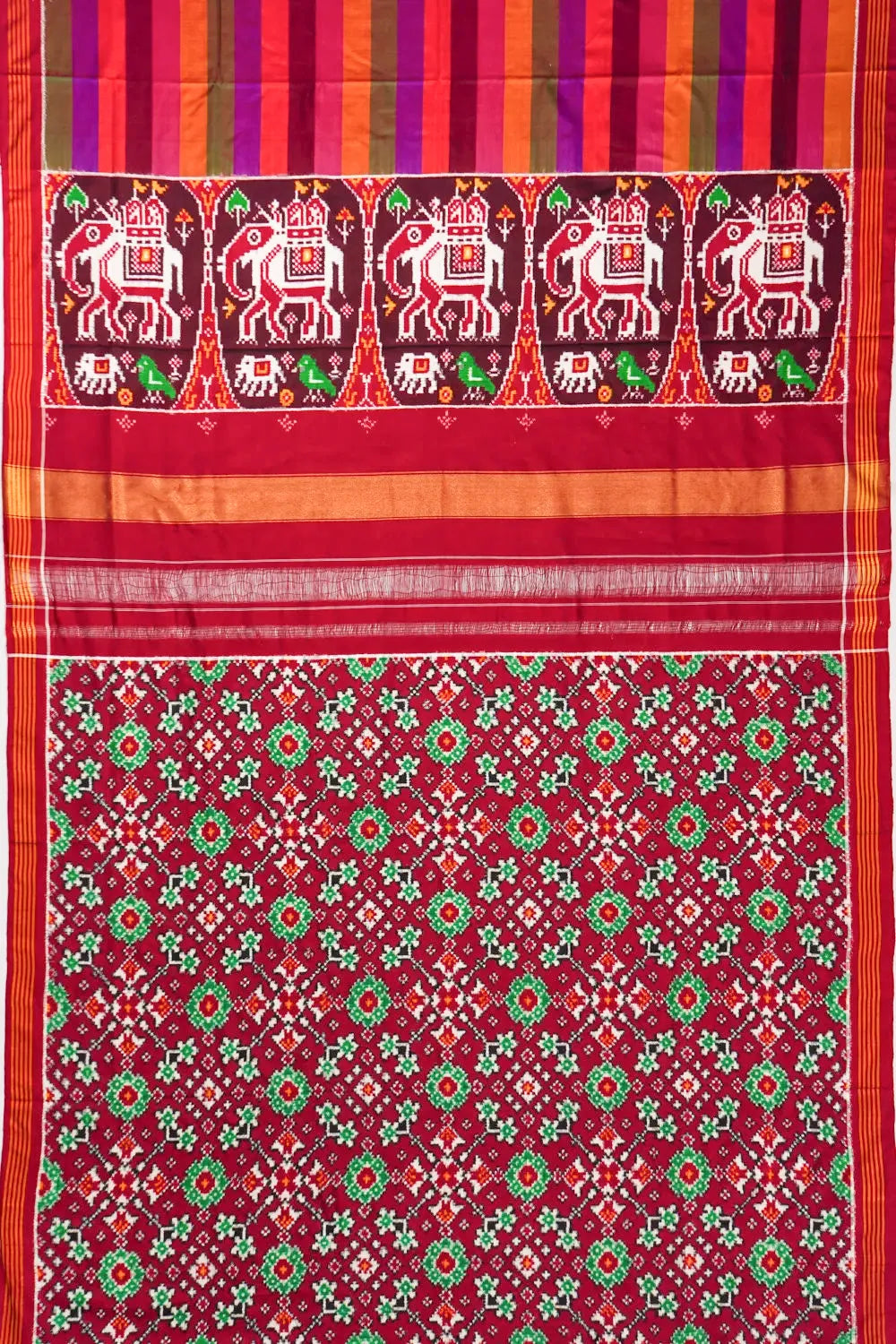Patan Patola Silk Double Ikat Lines Multicolour Saree