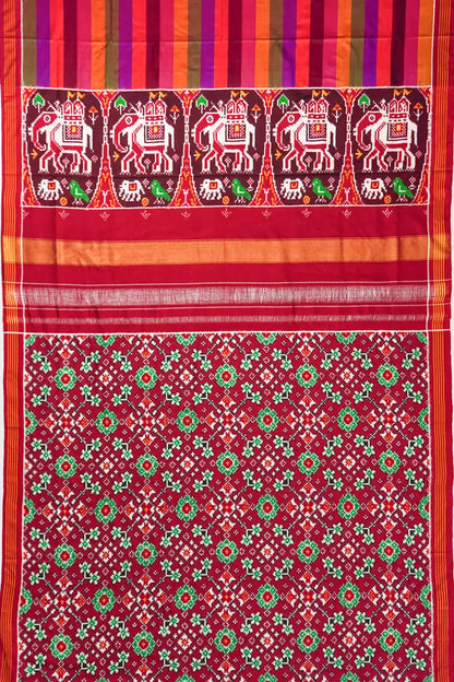 Patan Patola Silk Double Ikat Lines Multicolour Saree