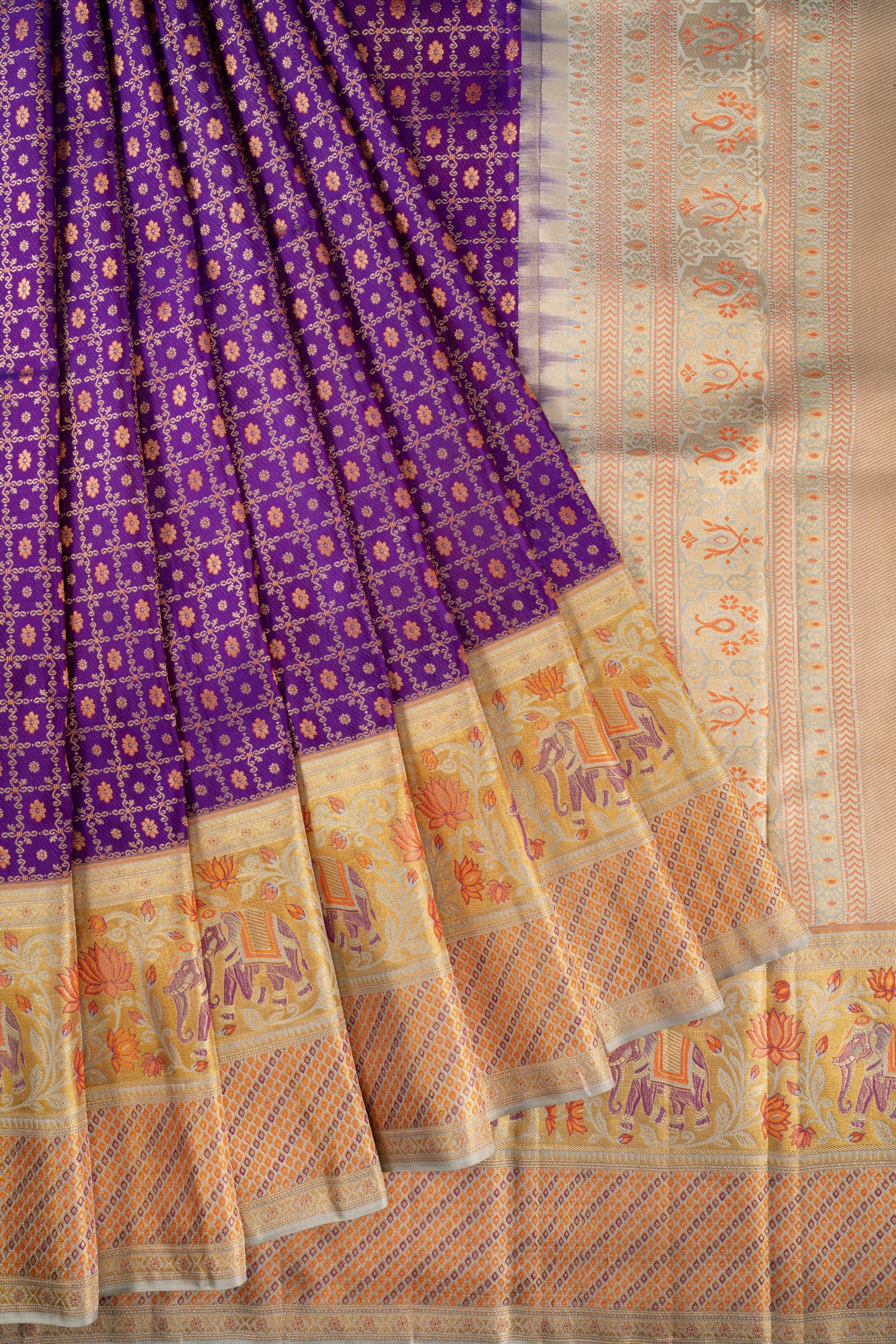 Kanchipuram Silk Checks And Butta Purple Saree