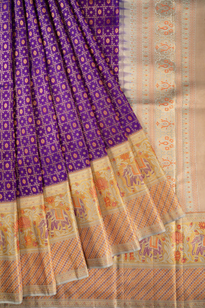 Kanchipuram Silk Checks And Butta Purple Saree