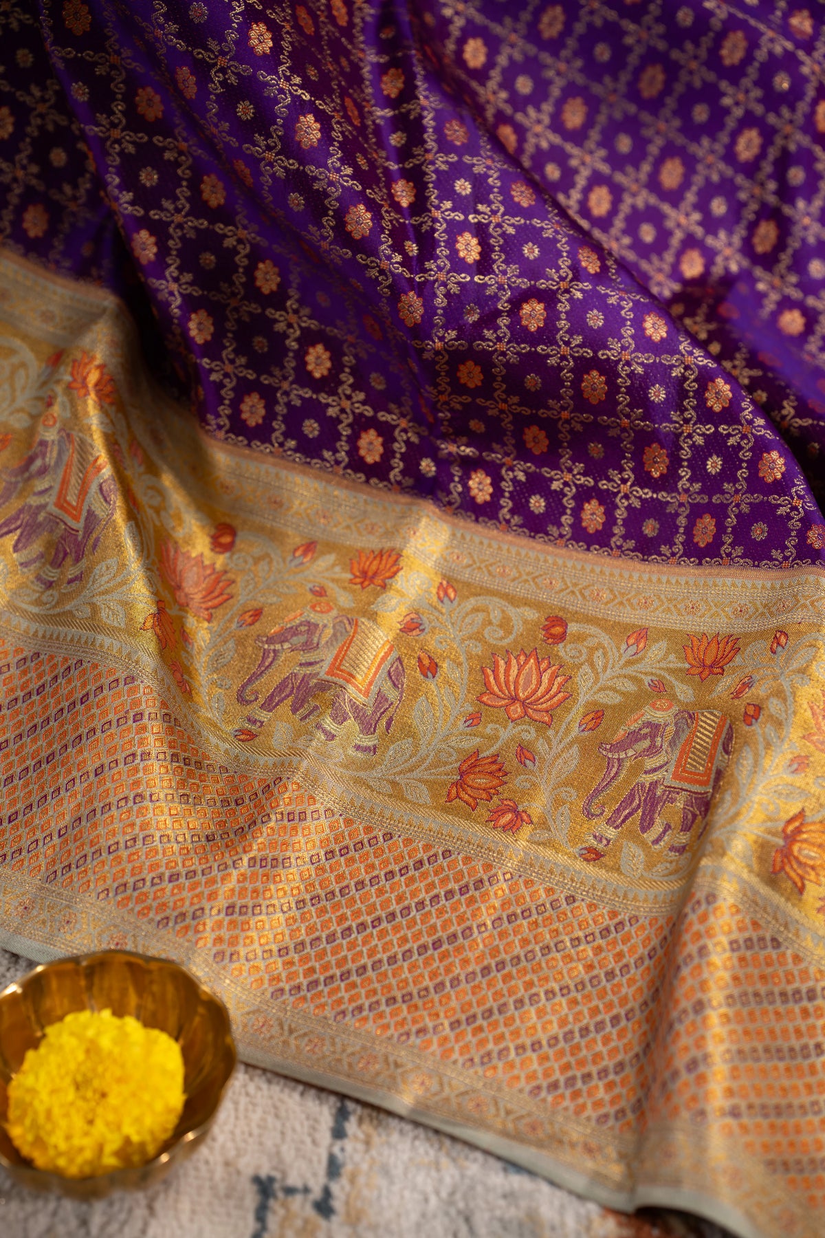 Kanchipuram Silk Checks And Butta Purple Saree