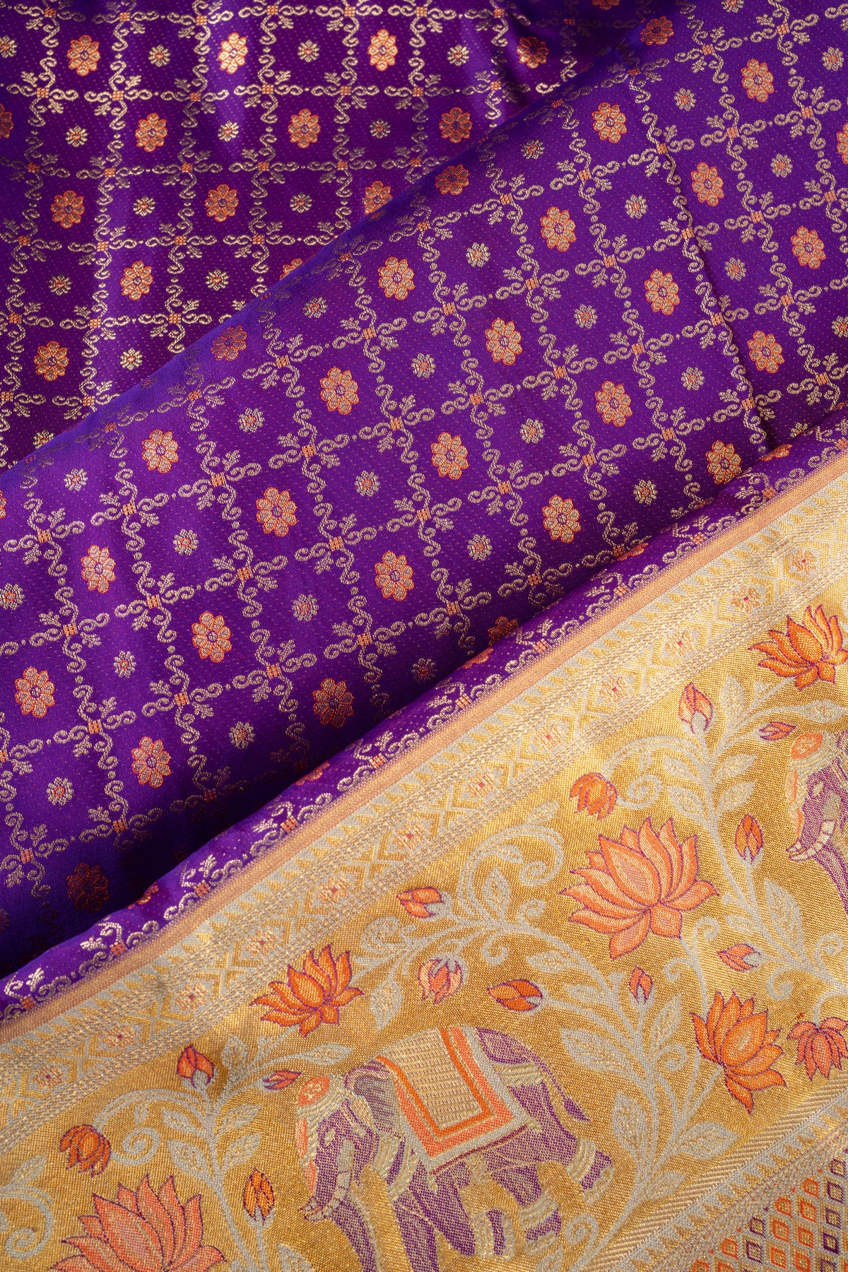 Kanchipuram Silk Checks And Butta Purple Saree