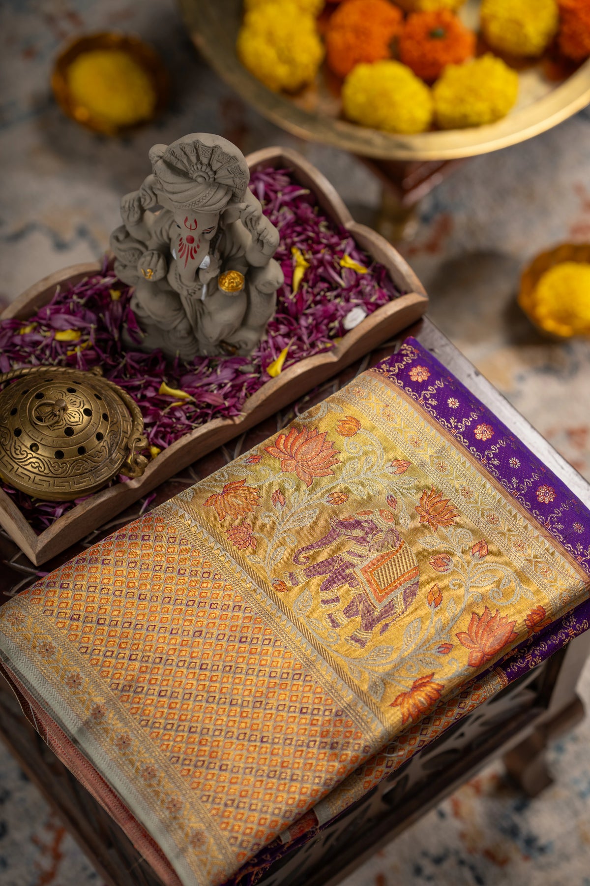 Kanchipuram Silk Checks And Butta Purple Saree