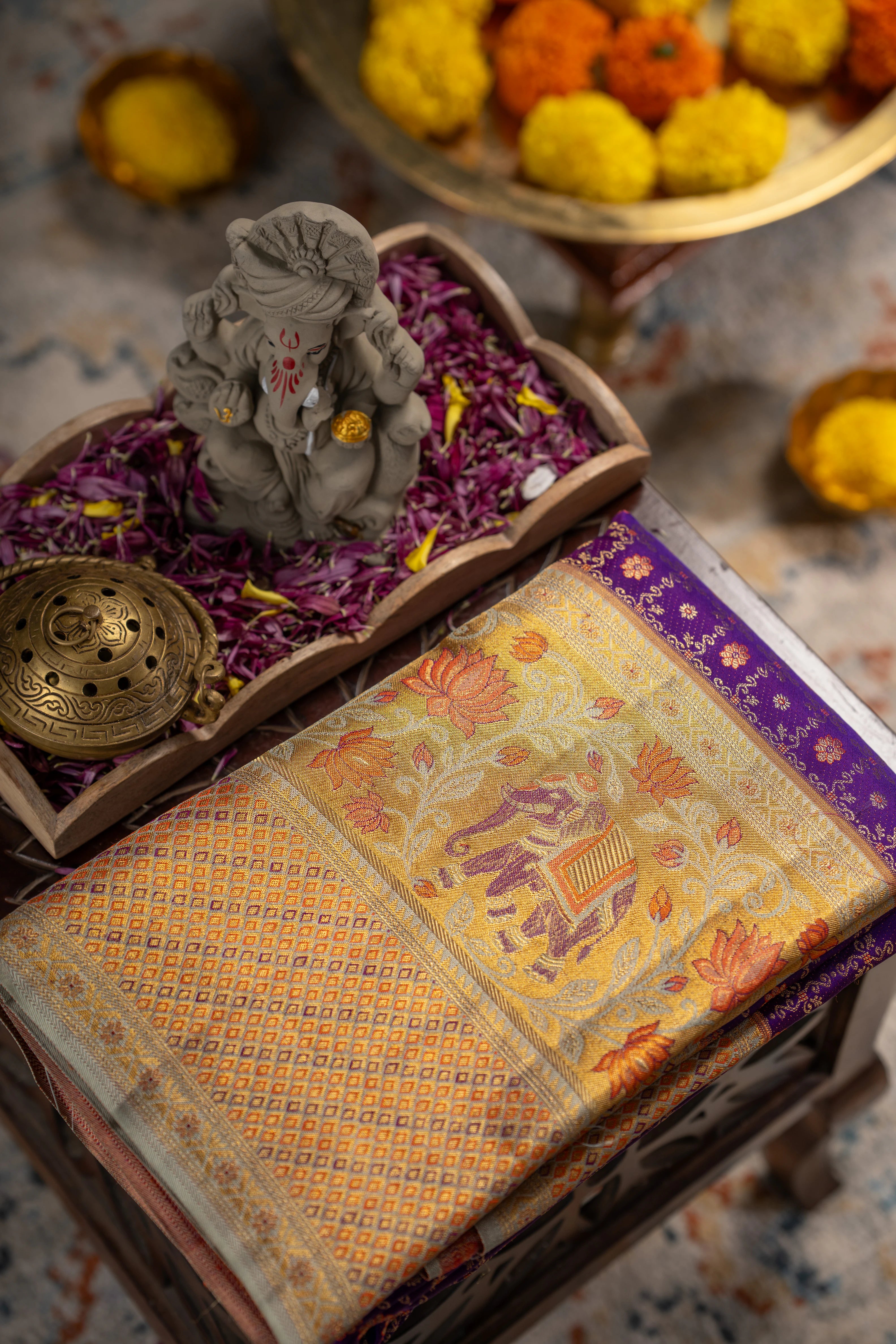 Kanchipuram Silk Checks And Butta Purple Saree