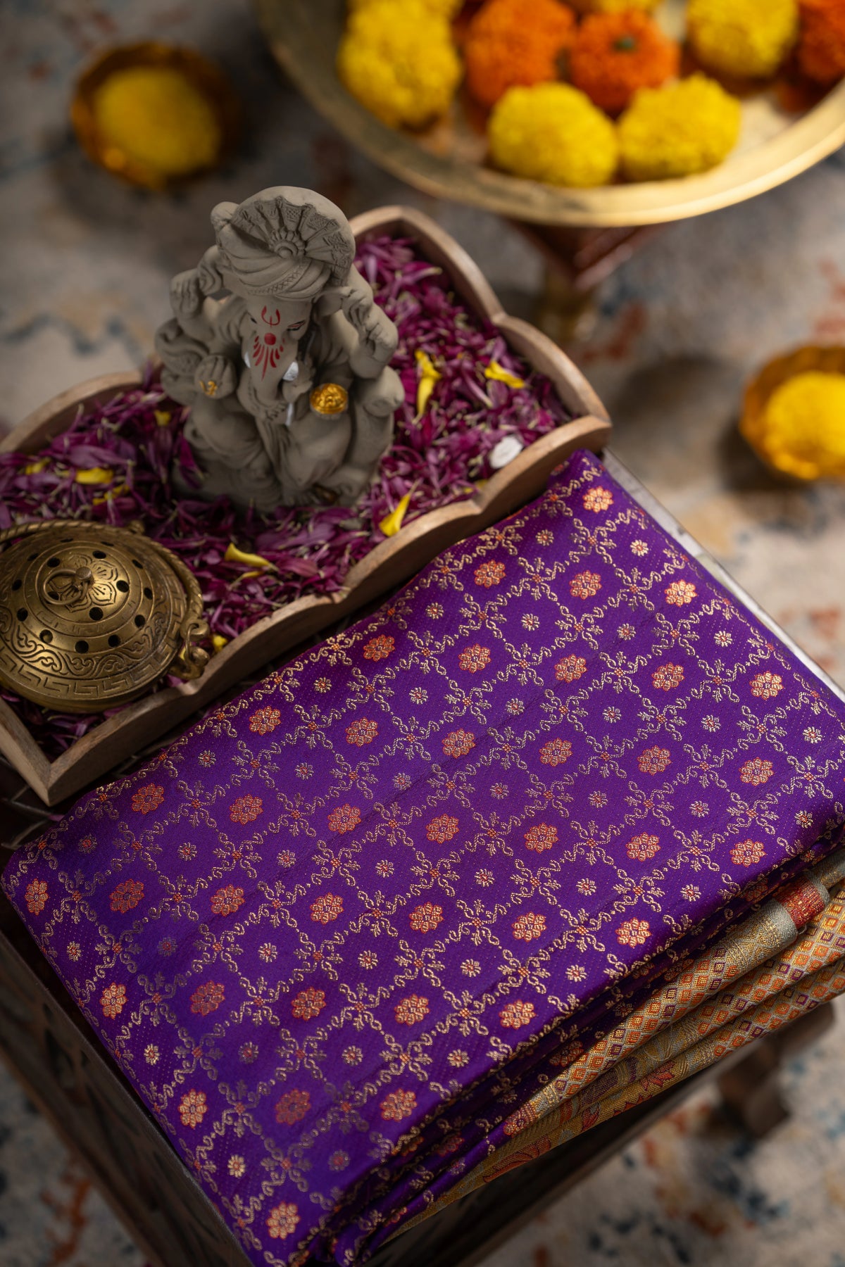 Kanchipuram Silk Checks And Butta Purple Saree