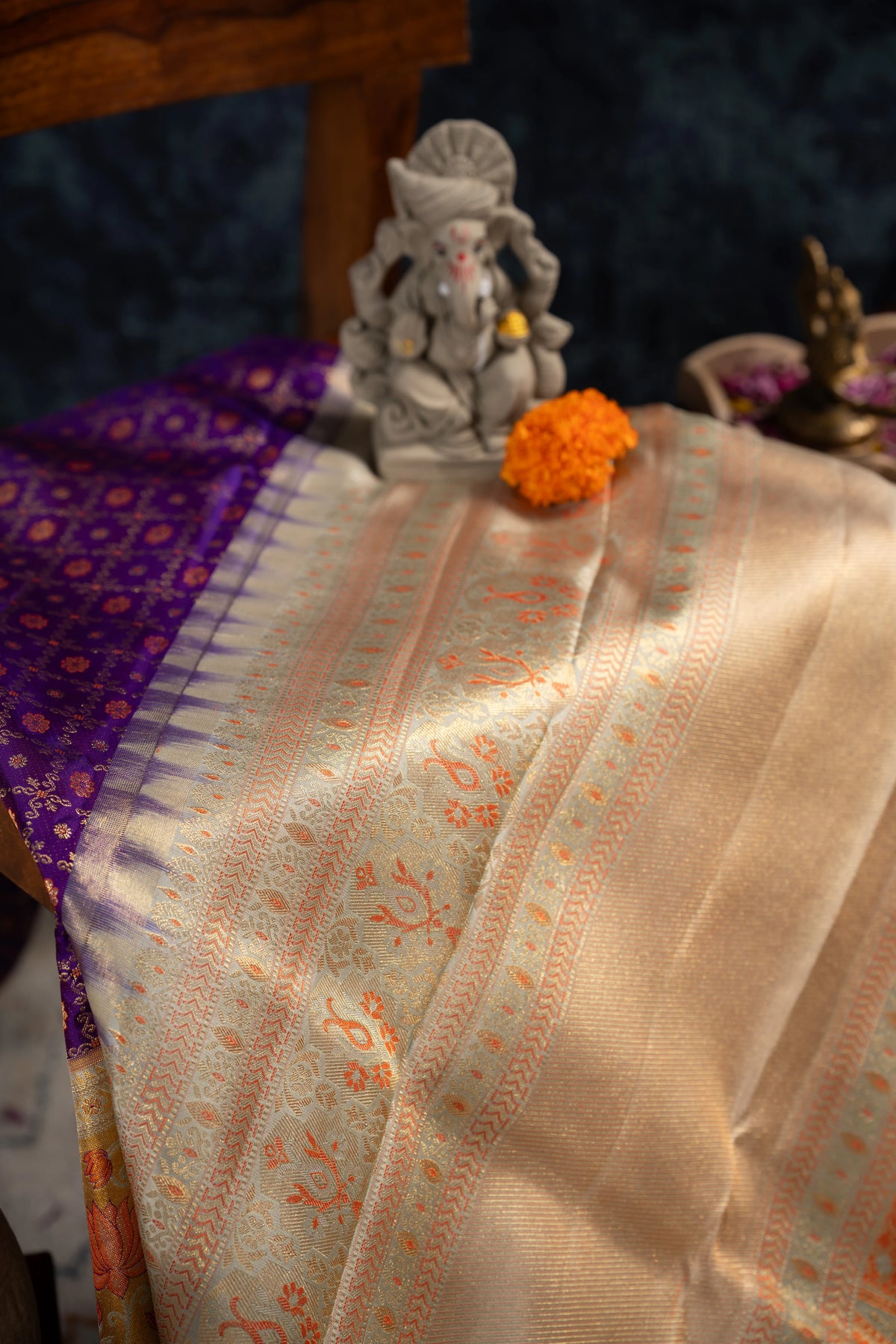 Kanchipuram Silk Checks And Butta Purple Saree
