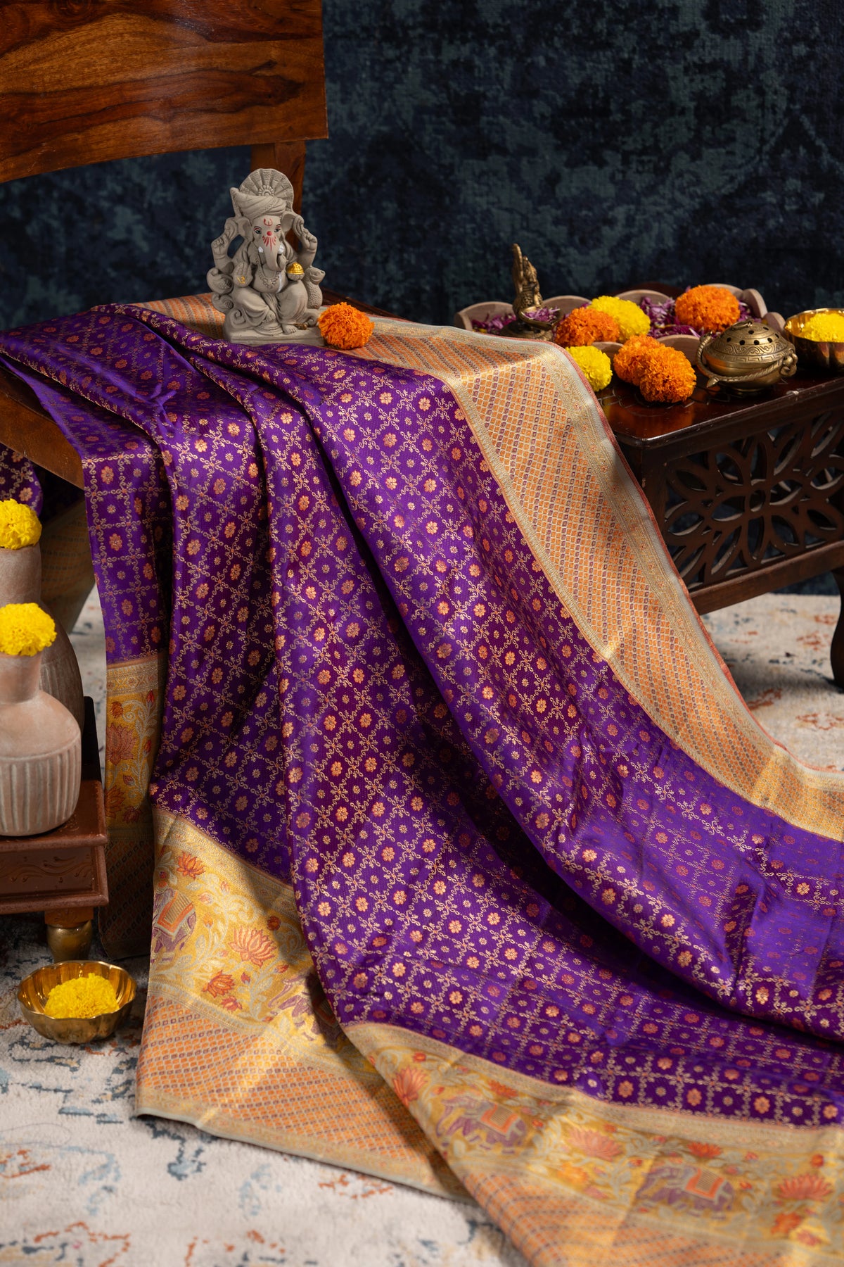 Kanchipuram Silk Checks And Butta Purple Saree