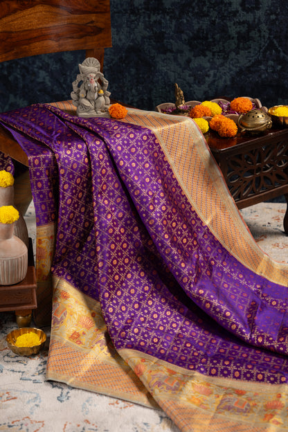 Kanchipuram Silk Checks And Butta Purple Saree
