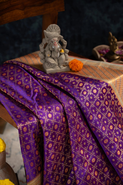 Kanchipuram Silk Checks And Butta Purple Saree