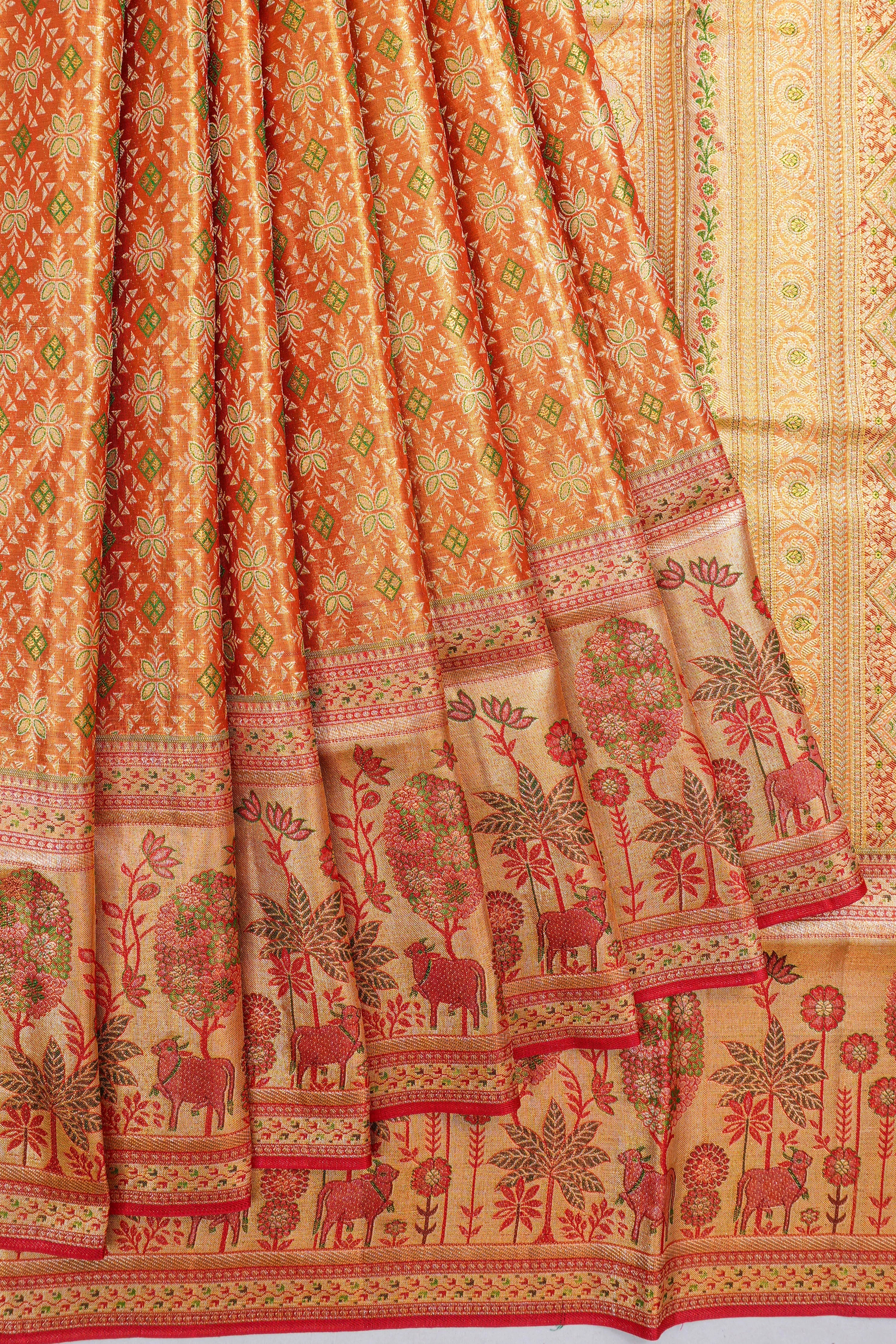 Kanchipuram Silk Tissue Brocade Red Saree With Pichwai Border